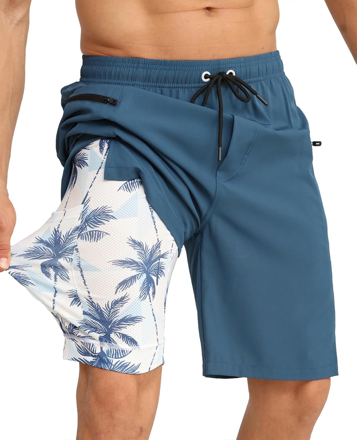 2 in 1 Men's Swim Trunks Bathing Suit with Zipper Pockets Built-in Board Shorts - Picture 25 of 32