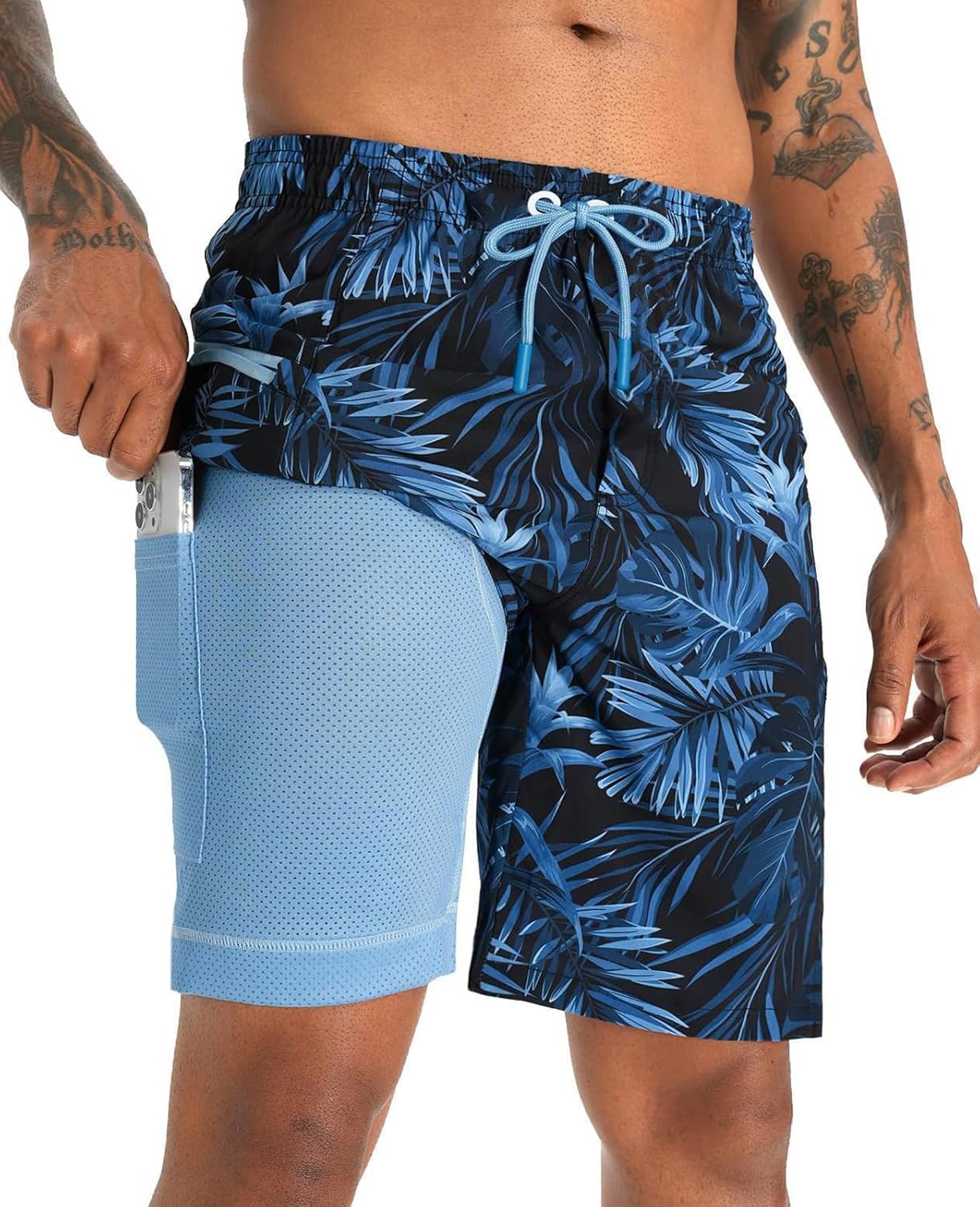 2 in 1 Men's Swim Trunks Bathing Suit with Zipper Pockets Built-in Board Shorts - Picture 26 of 32