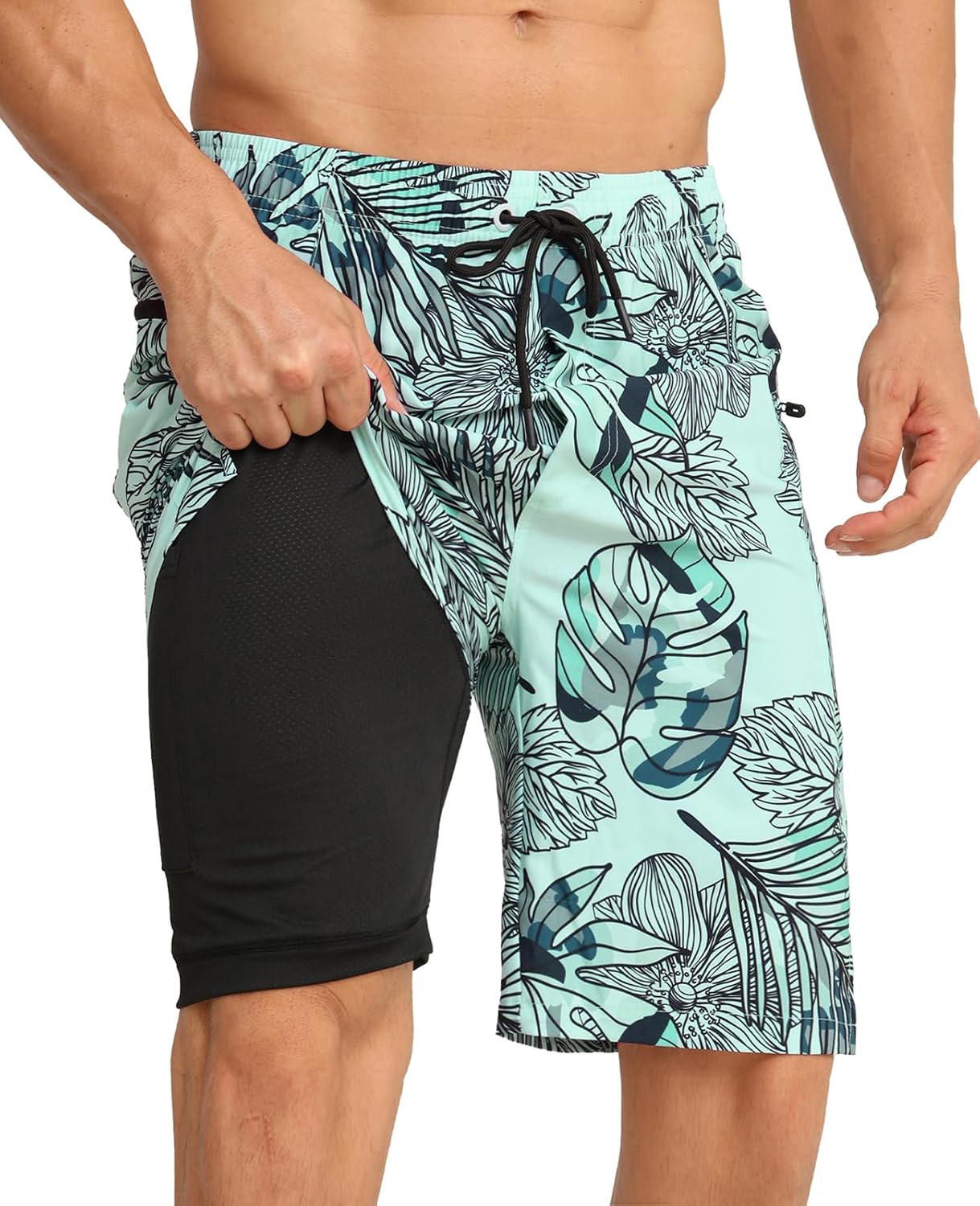 2 in 1 Men's Swim Trunks Bathing Suit with Zipper Pockets Built-in Board Shorts - Picture 27 of 32