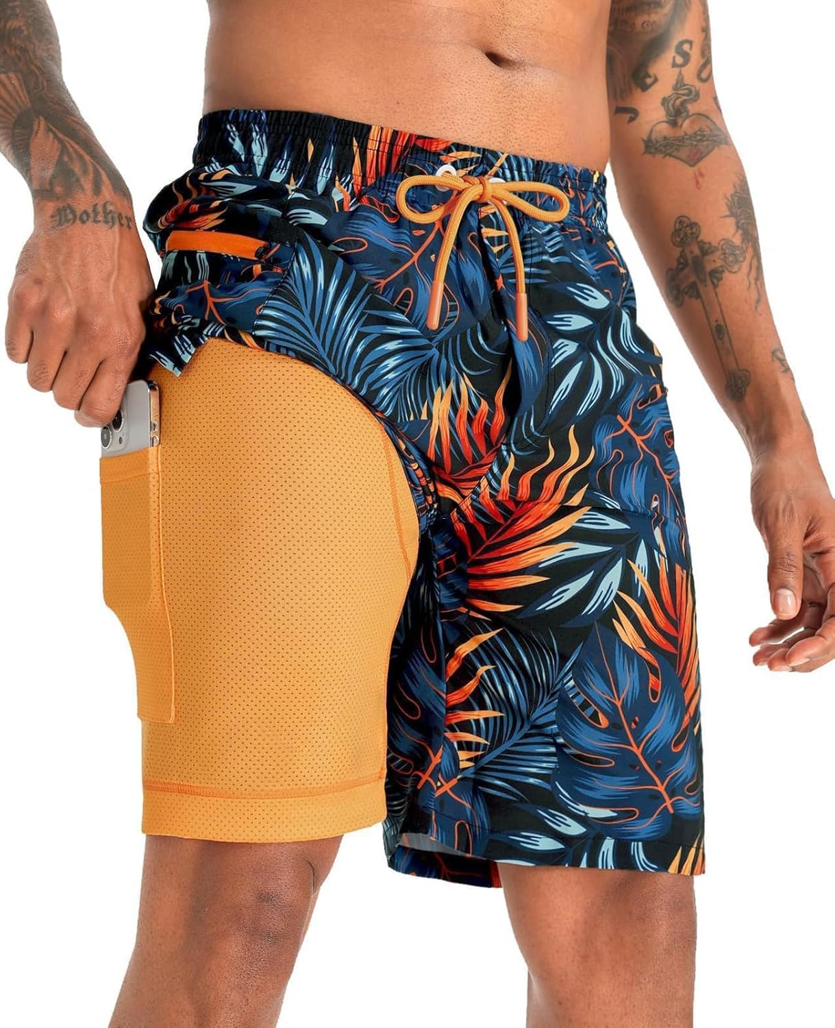 2 in 1 Men's Swim Trunks Bathing Suit with Zipper Pockets Built-in Board Shorts - Picture 28 of 32