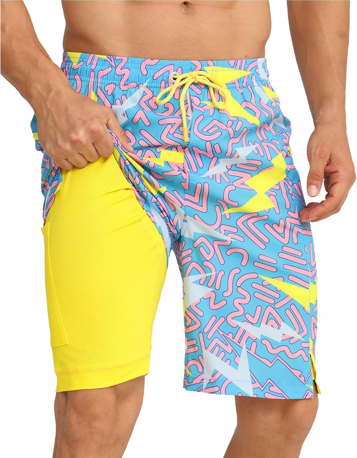 2 in 1 Men's Swim Trunks Bathing Suit with Zipper Pockets Built-in Board Shorts - Picture 30 of 32