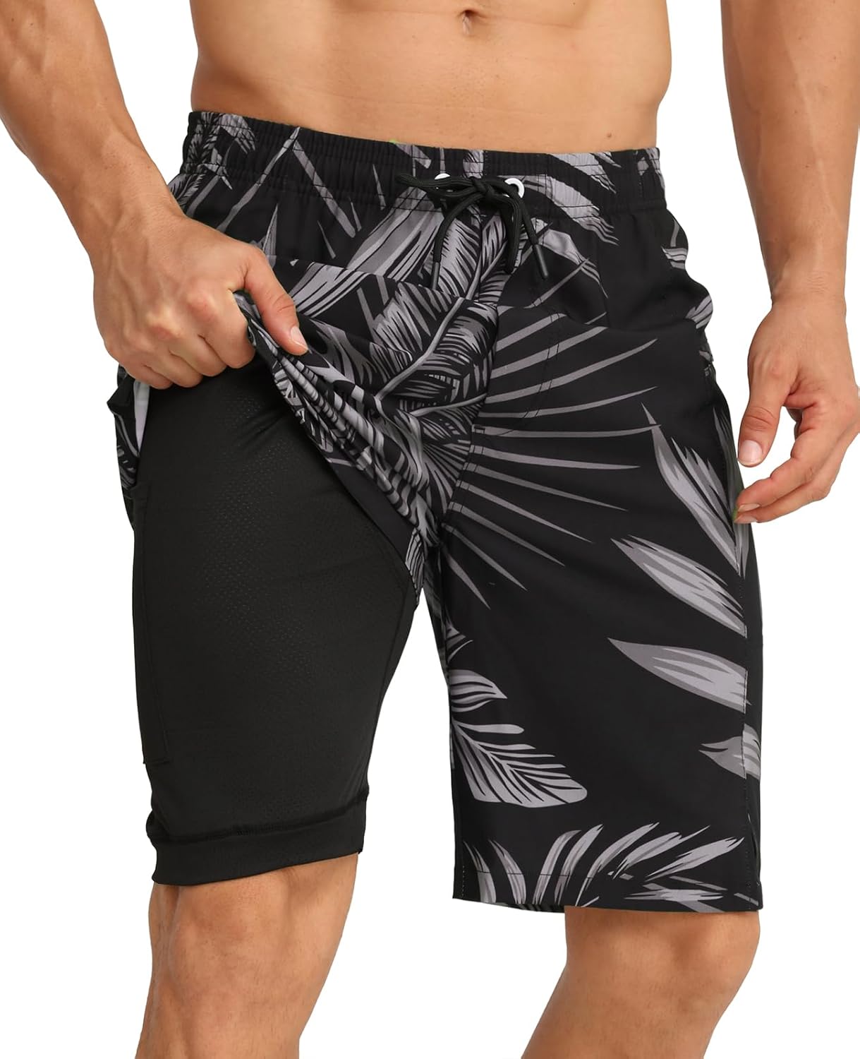 2 in 1 Men's Swim Trunks Bathing Suit with Zipper Pockets Built-in Board Shorts - Picture 31 of 32