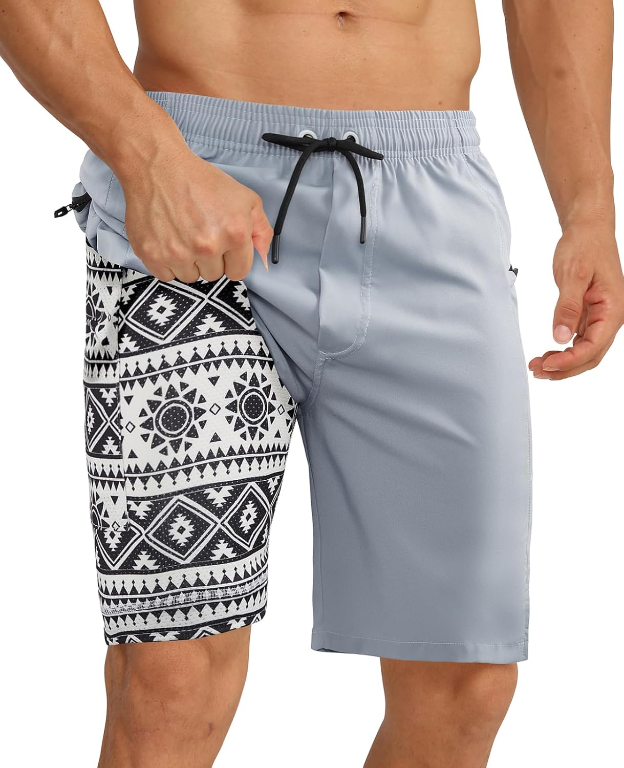 2 in 1 Men's Swim Trunks Bathing Suit with Zipper Pockets Built-in Board Shorts - Picture 32 of 32