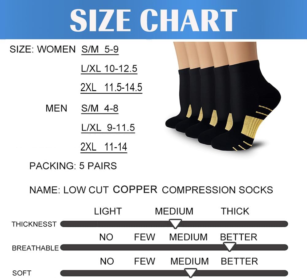 5 Pairs Copper Compression Socks �C Ankle, Plantar Fasciitis & Arch Support - Picture 38 of 105