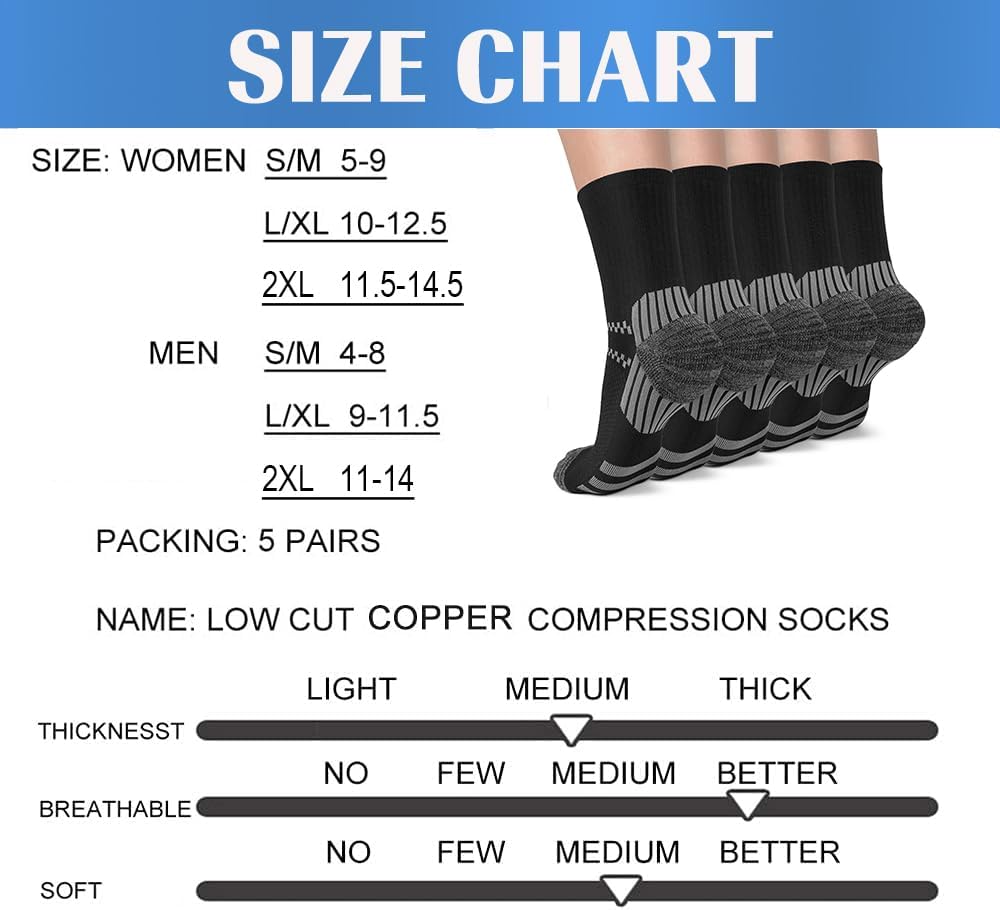 5 Pairs Copper Compression Socks �C Ankle, Plantar Fasciitis & Arch Support - Picture 66 of 105