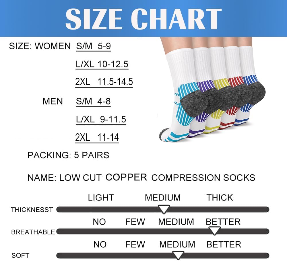 5 Pairs Copper Compression Socks �C Ankle, Plantar Fasciitis & Arch Support - Picture 75 of 105