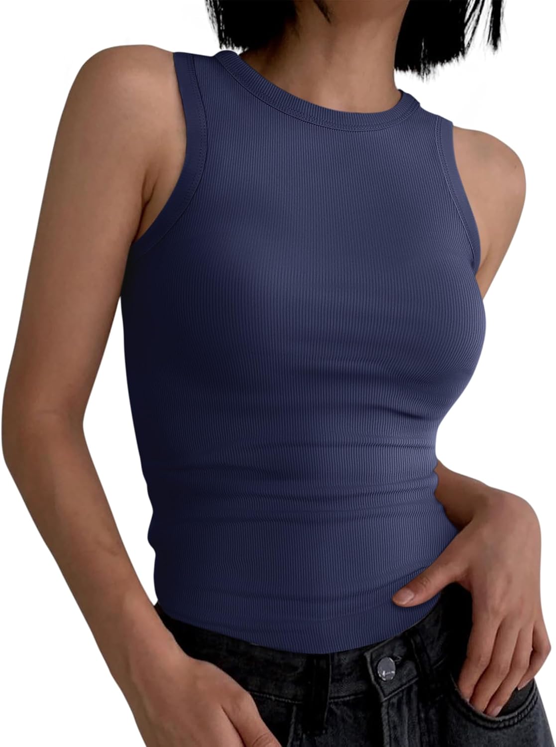 Womens Sleeveless Tank Tops Summer Casual Basic Slim Fit Ribbed Racerback Top - Picture 33 of 213