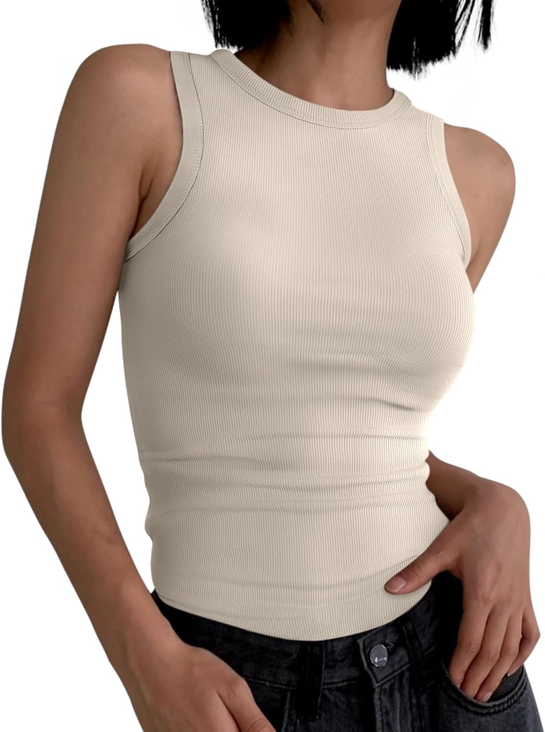 Womens Sleeveless Tank Tops Summer Casual Basic Slim Fit Ribbed Racerback Top - Picture 40 of 213