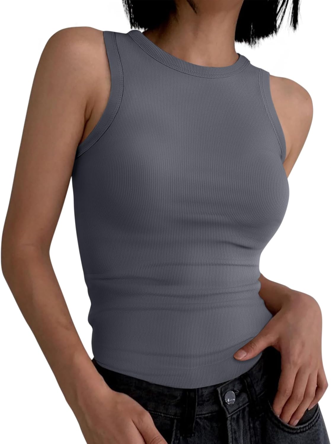 Womens Sleeveless Tank Tops Summer Casual Basic Slim Fit Ribbed Racerback Top - Picture 47 of 213