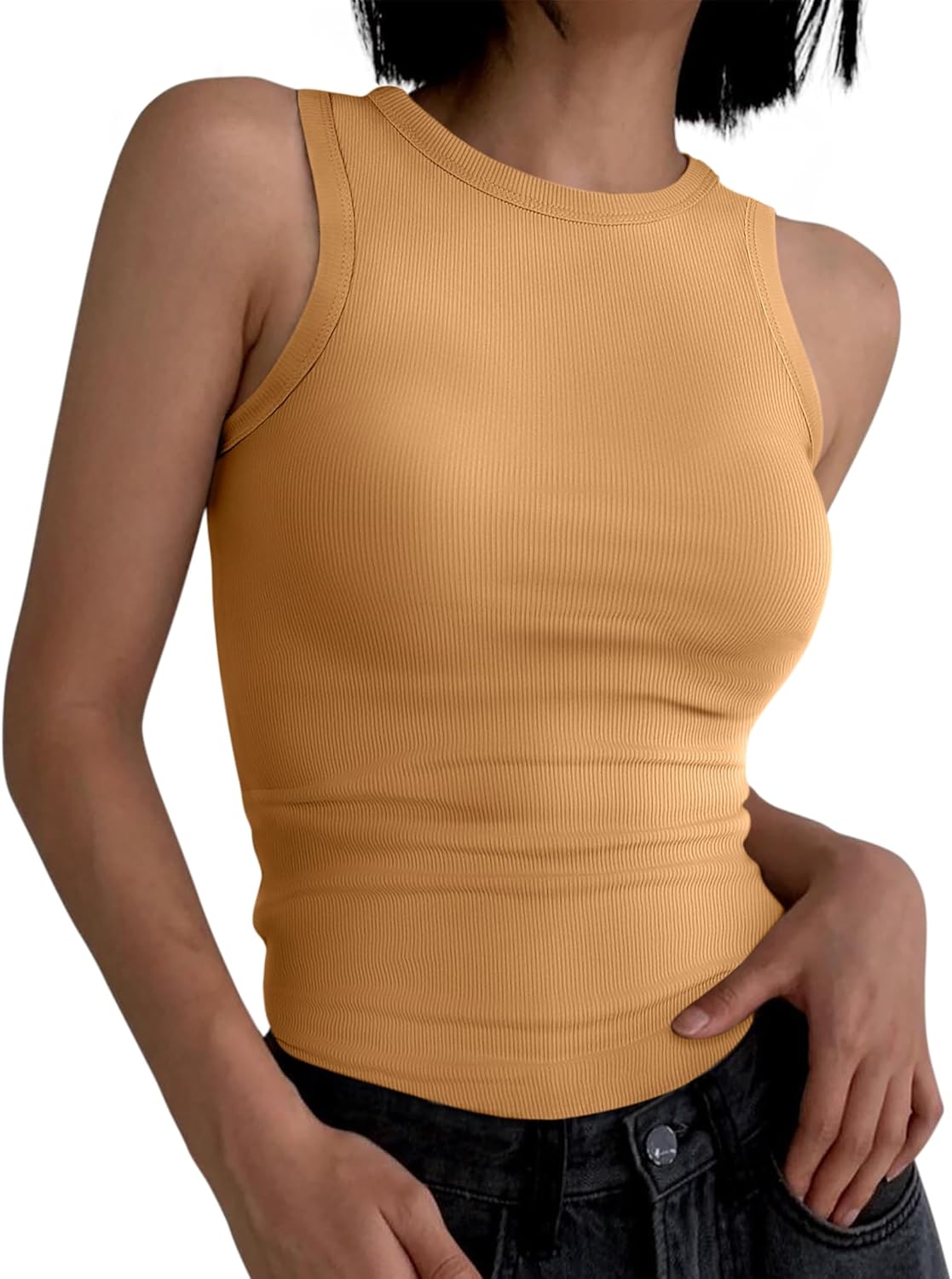 Womens Sleeveless Tank Tops Summer Casual Basic Slim Fit Ribbed Racerback Top - Picture 61 of 213
