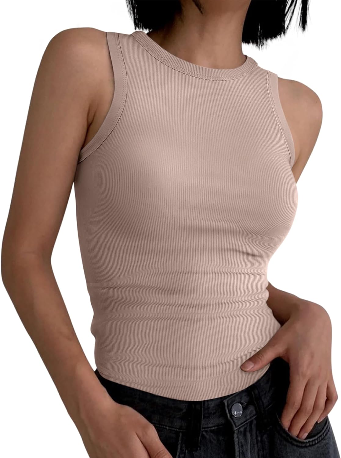 Womens Sleeveless Tank Tops Summer Casual Basic Slim Fit Ribbed Racerback Top - Picture 82 of 213