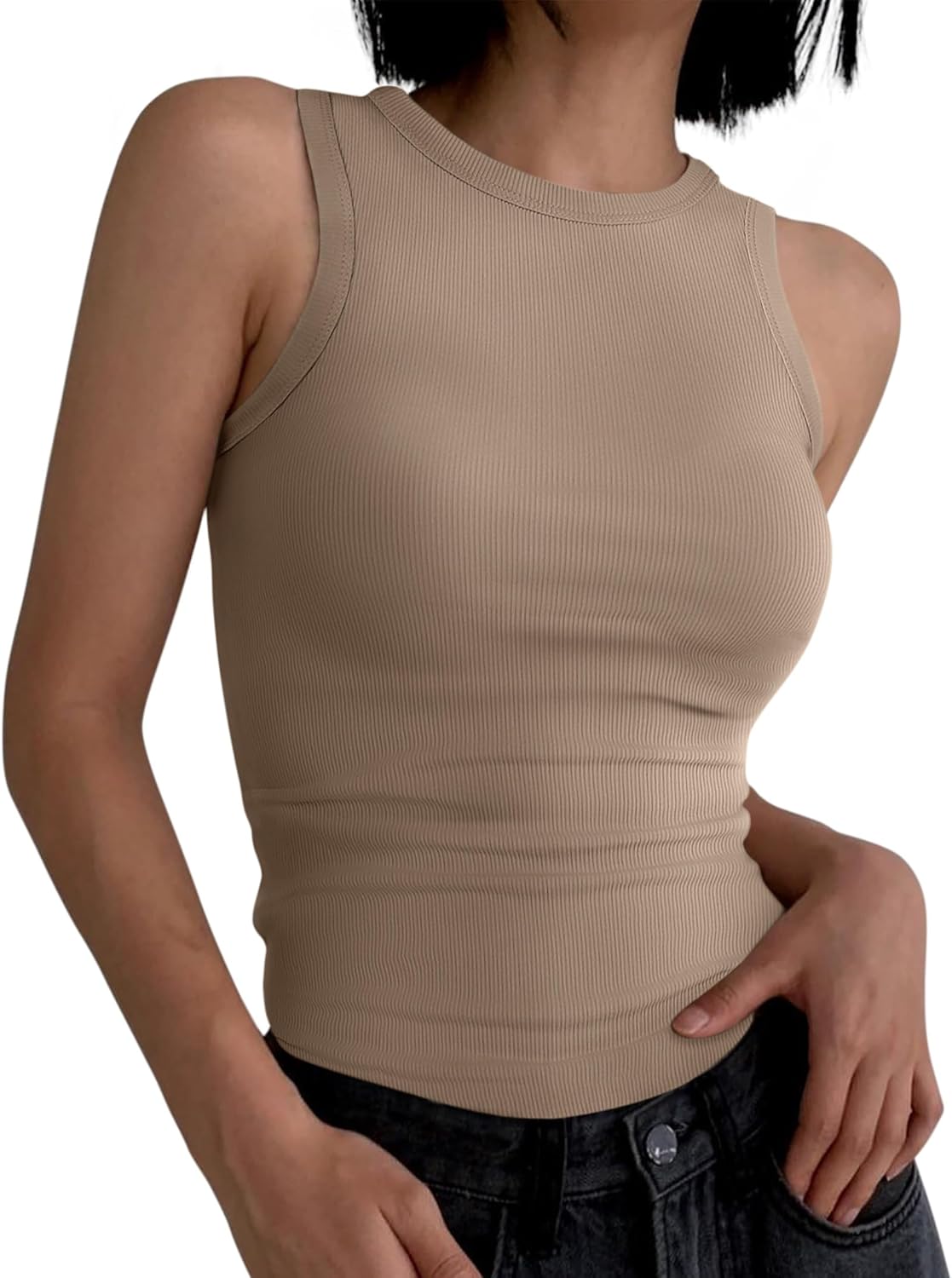 Womens Sleeveless Tank Tops Summer Casual Basic Slim Fit Ribbed Racerback Top - Picture 96 of 213