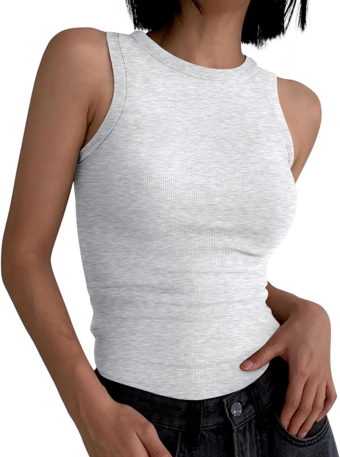 Womens Sleeveless Tank Tops Summer Casual Basic Slim Fit Ribbed Racerback Top - Picture 103 of 213