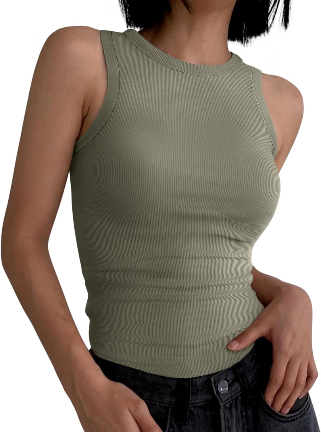 Womens Sleeveless Tank Tops Summer Casual Basic Slim Fit Ribbed Racerback Top - Picture 110 of 213