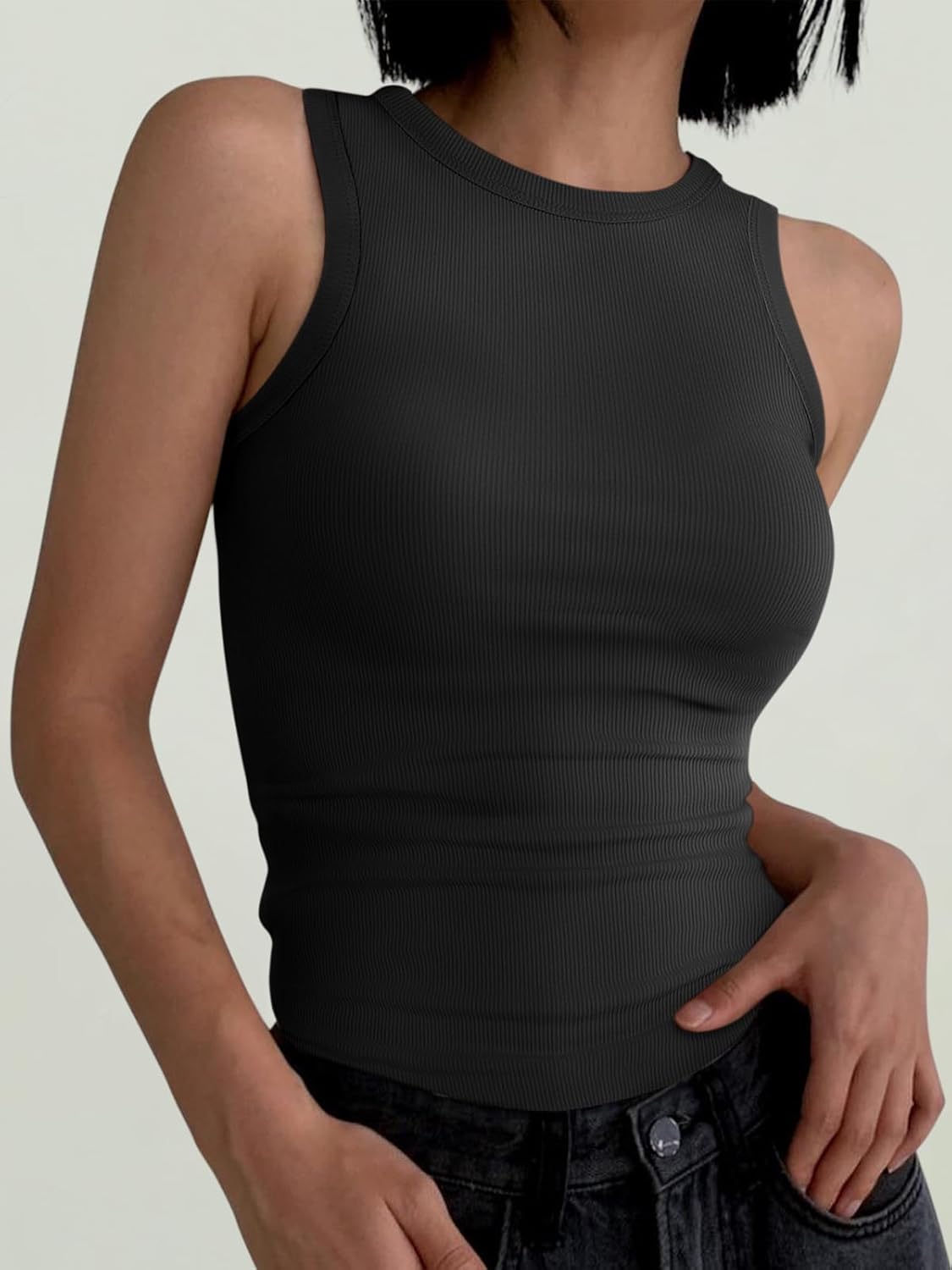 Womens Sleeveless Tank Tops Summer Casual Basic Slim Fit Ribbed Racerback Top - Picture 117 of 213