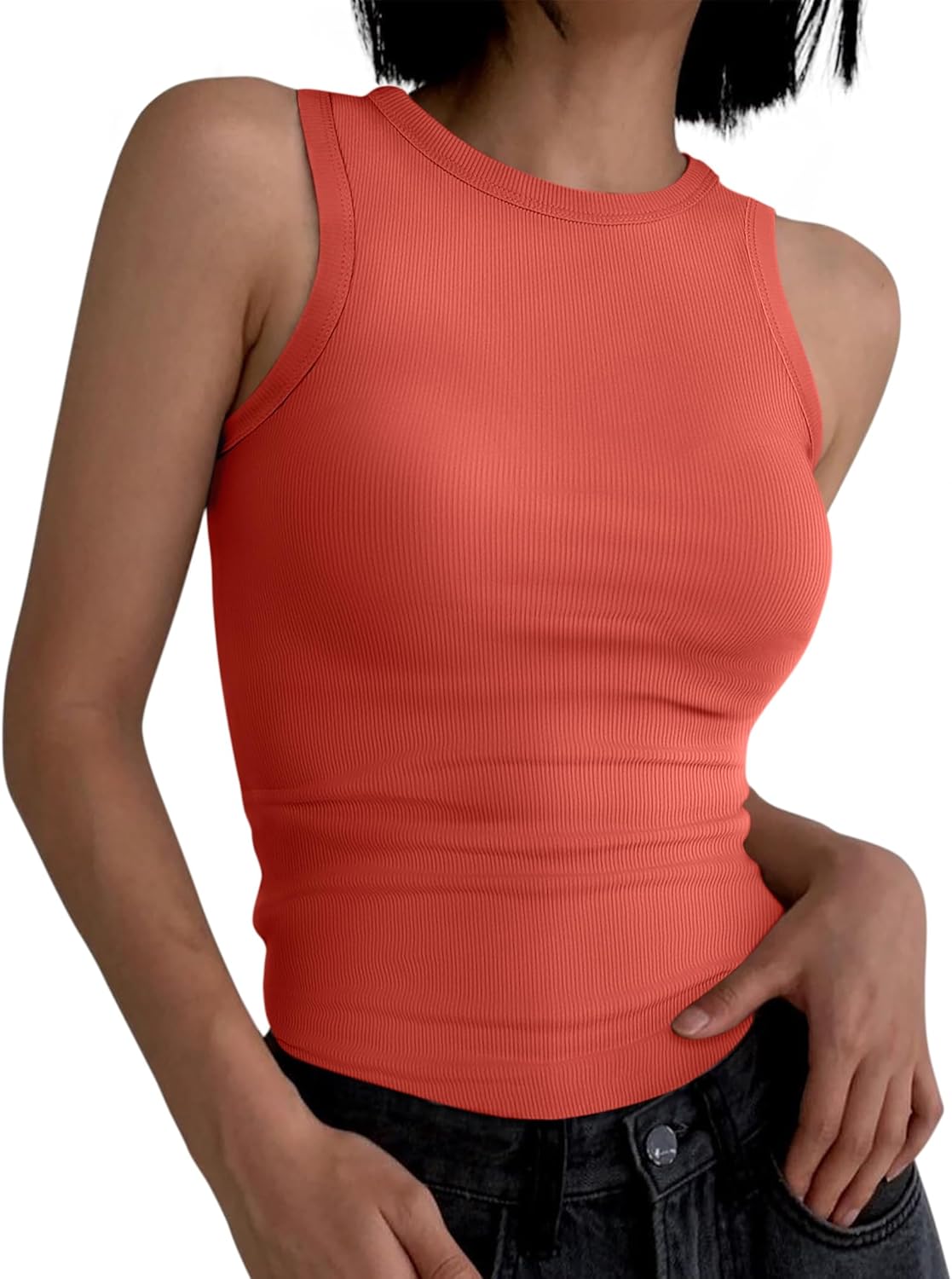 Womens Sleeveless Tank Tops Summer Casual Basic Slim Fit Ribbed Racerback Top - Picture 124 of 213