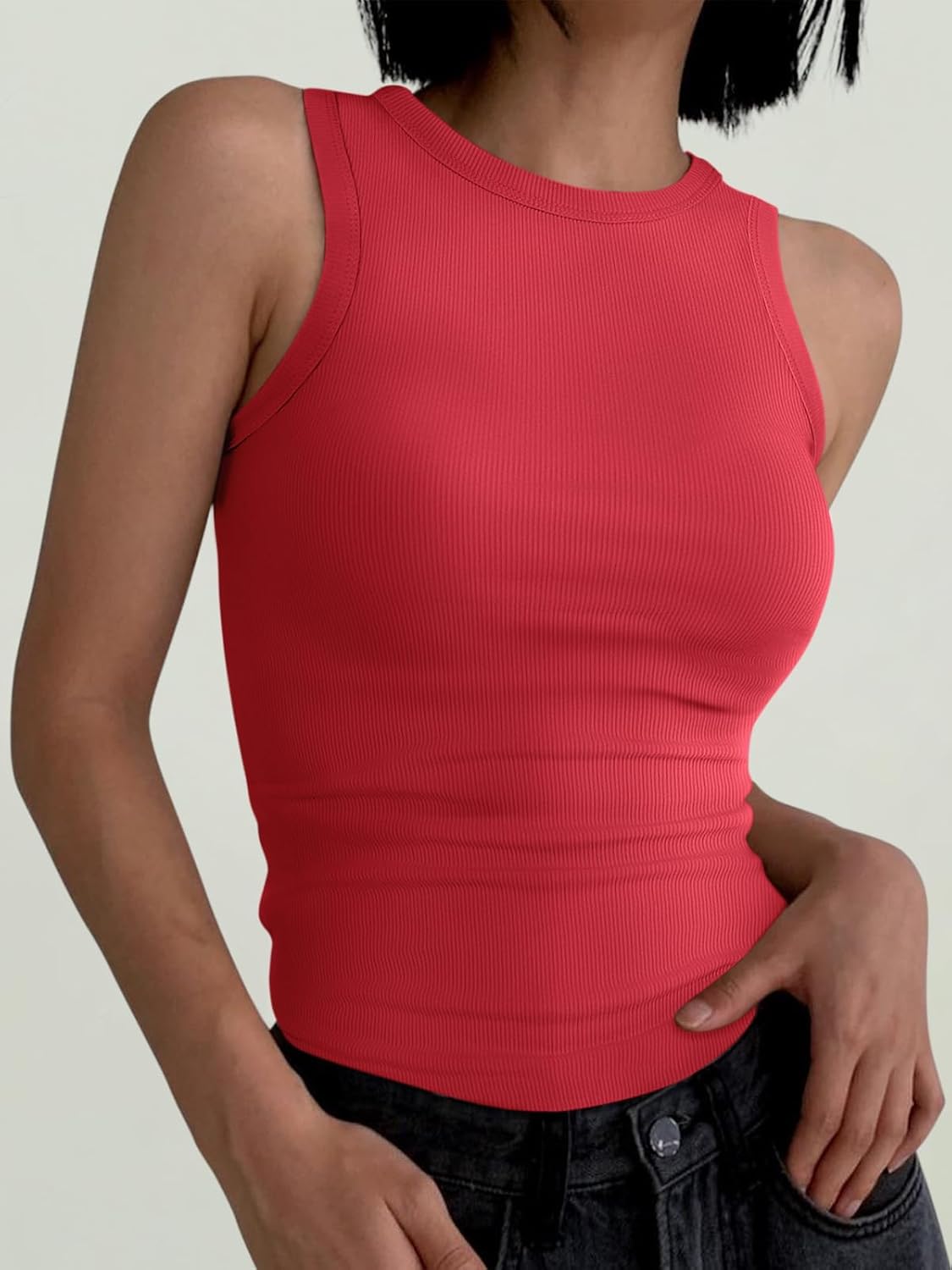 Womens Sleeveless Tank Tops Summer Casual Basic Slim Fit Ribbed Racerback Top - Picture 131 of 213
