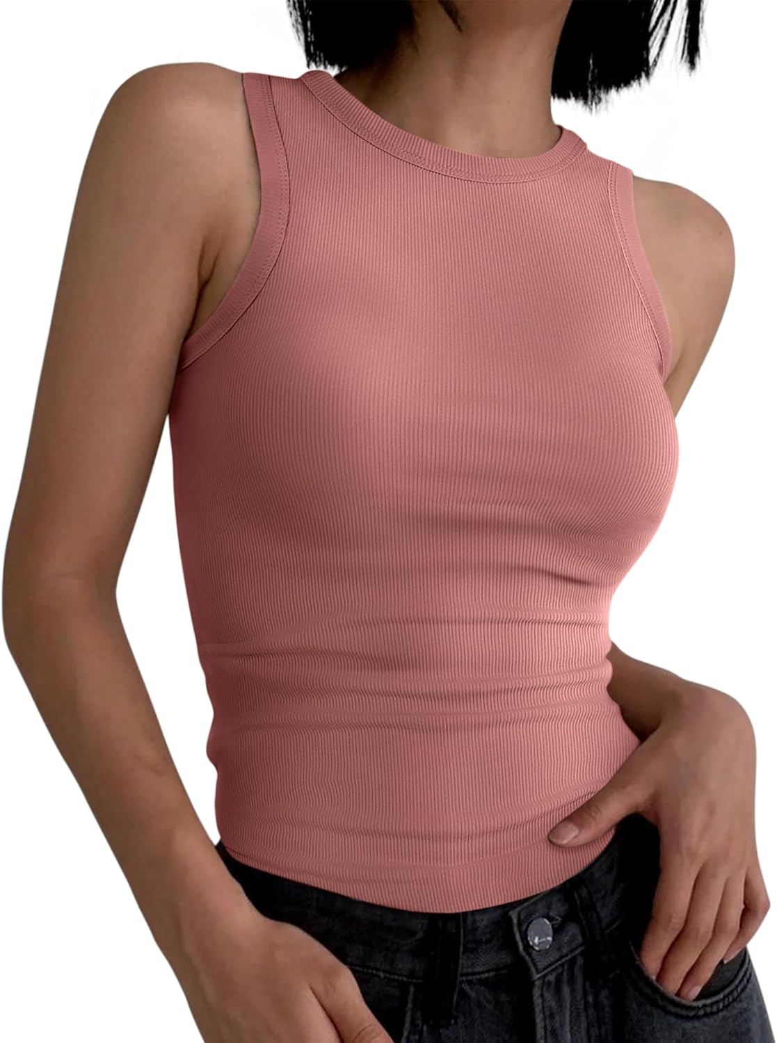 Womens Sleeveless Tank Tops Summer Casual Basic Slim Fit Ribbed Racerback Top - Picture 145 of 213