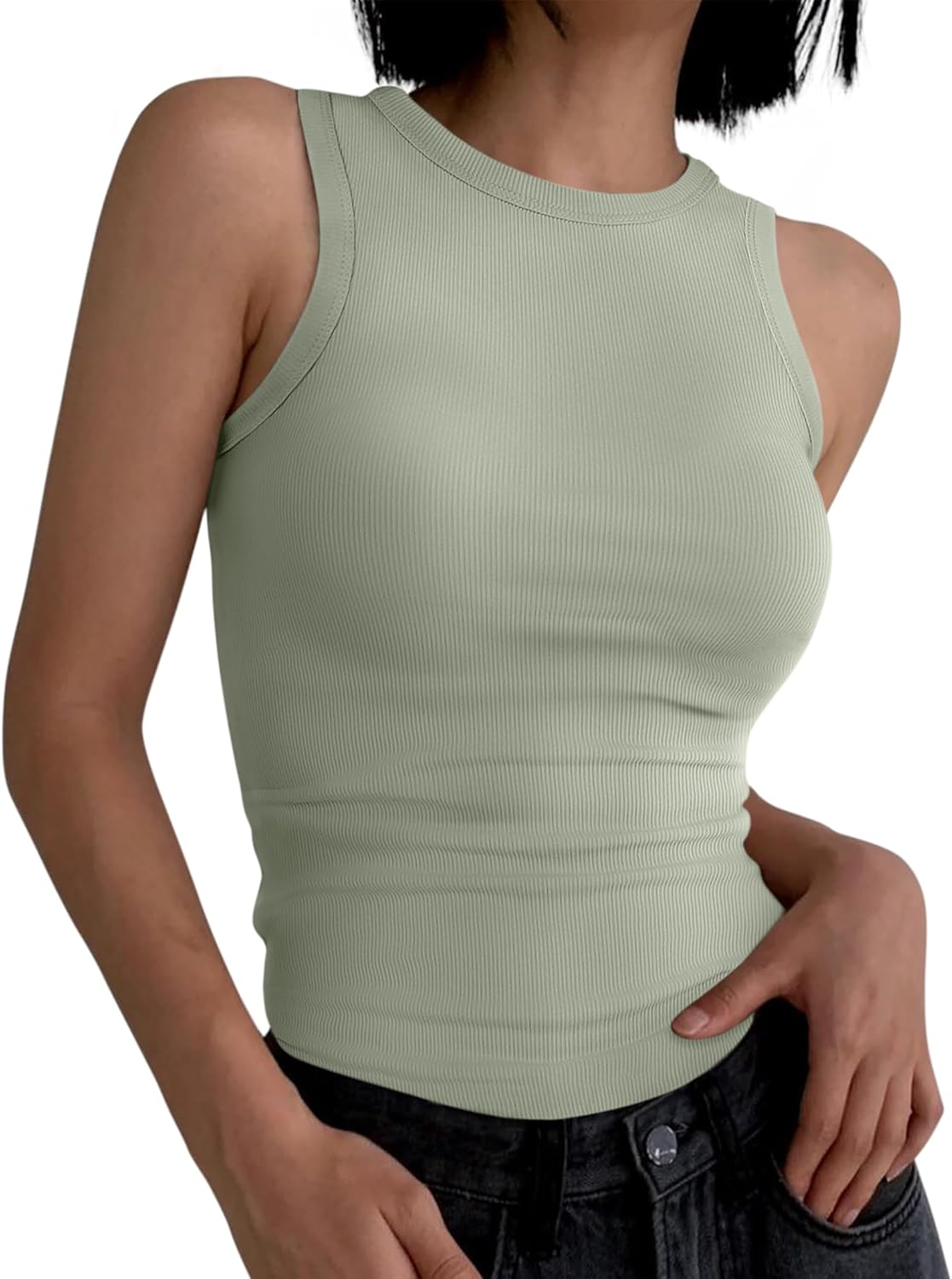 Womens Sleeveless Tank Tops Summer Casual Basic Slim Fit Ribbed Racerback Top - Picture 152 of 213