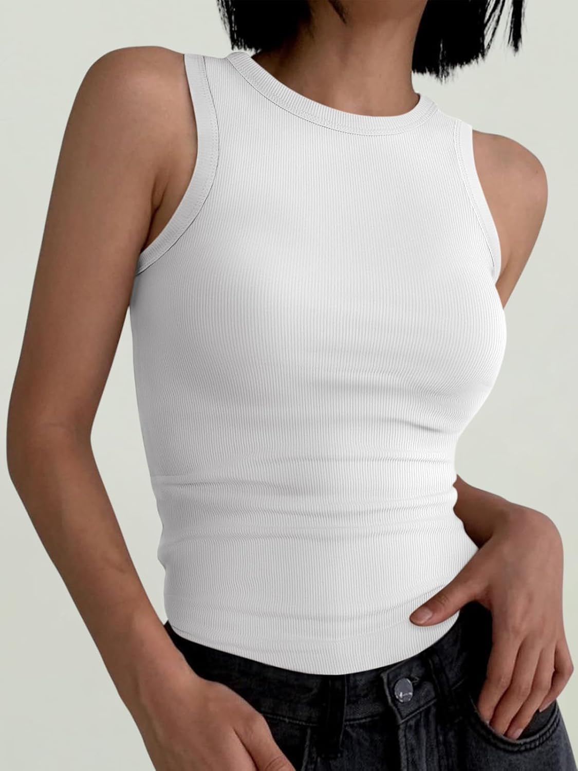 Womens Sleeveless Tank Tops Summer Casual Basic Slim Fit Ribbed Racerback Top - Picture 159 of 213