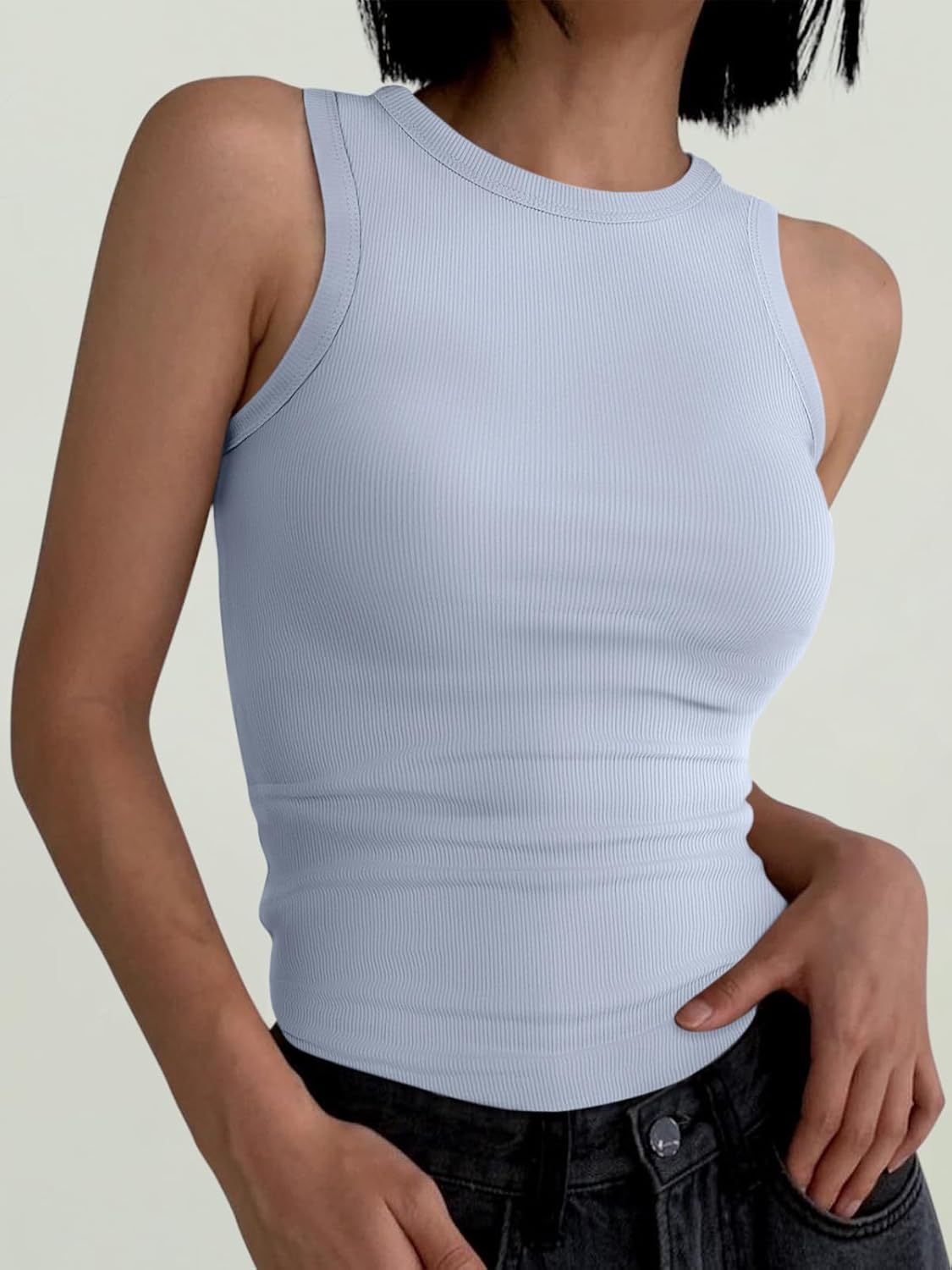 Womens Sleeveless Tank Tops Summer Casual Basic Slim Fit Ribbed Racerback Top - Picture 166 of 213