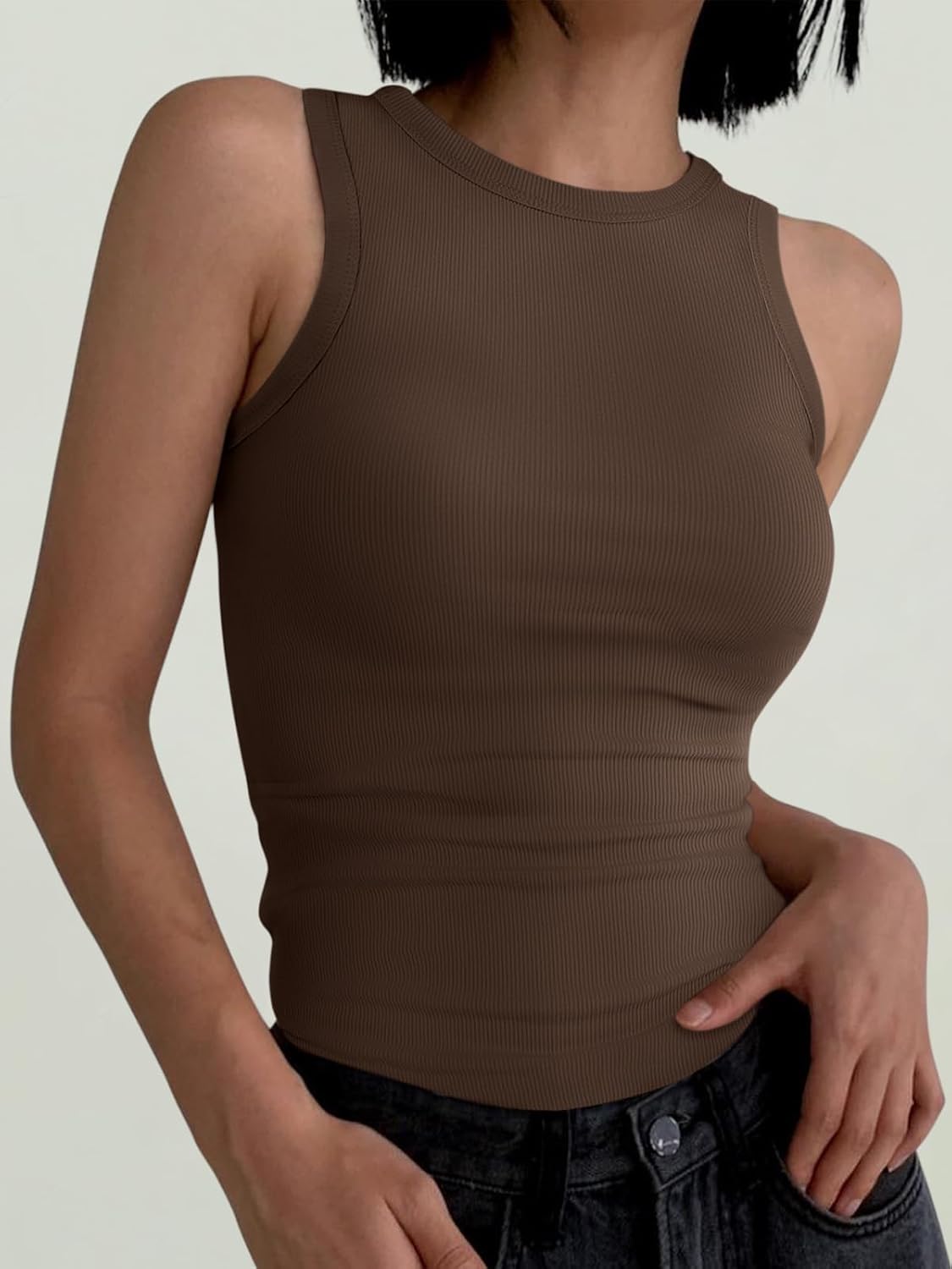 Womens Sleeveless Tank Tops Summer Casual Basic Slim Fit Ribbed Racerback Top - Picture 173 of 213