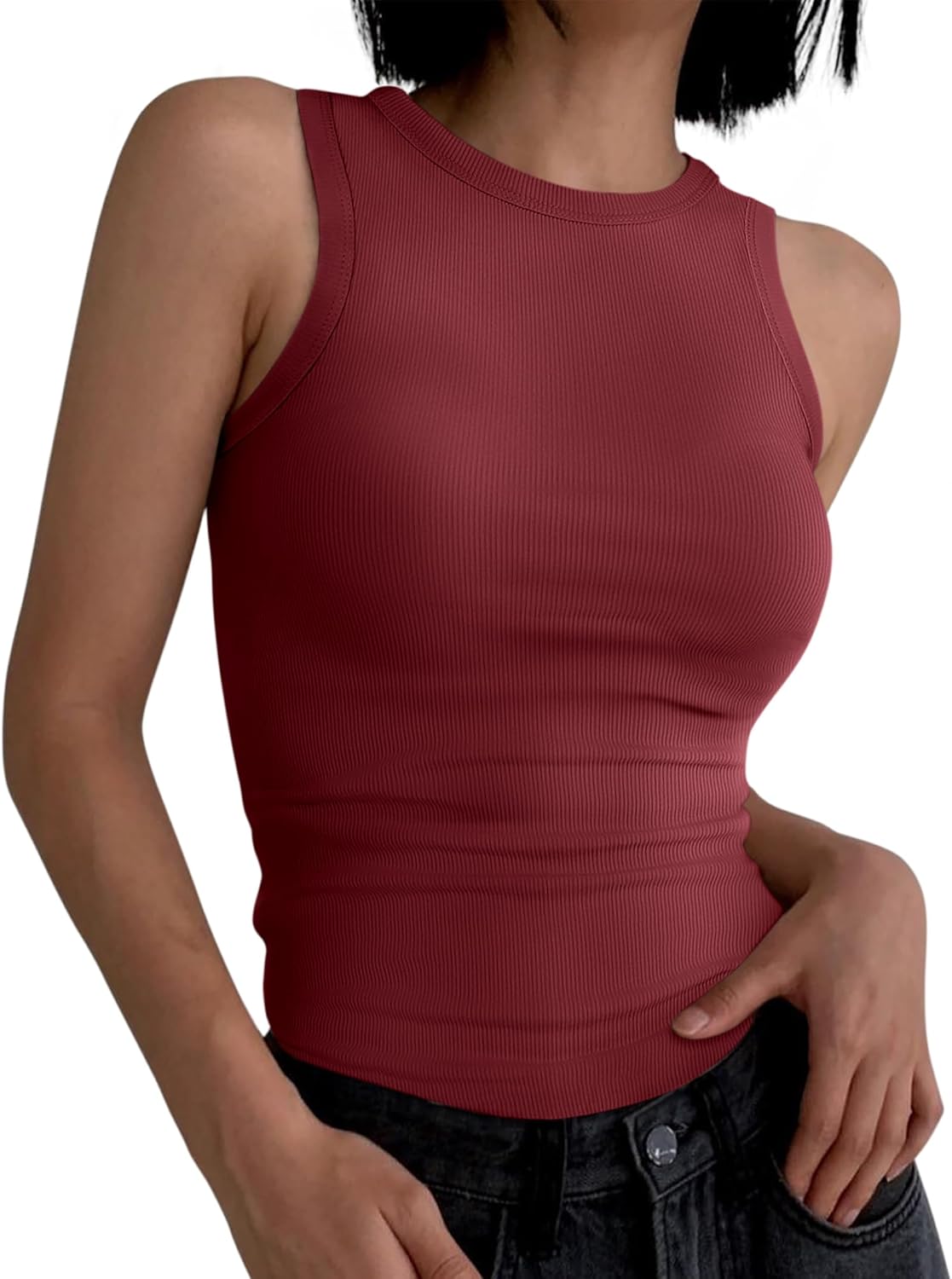 Womens Sleeveless Tank Tops Summer Casual Basic Slim Fit Ribbed Racerback Top - Picture 180 of 213