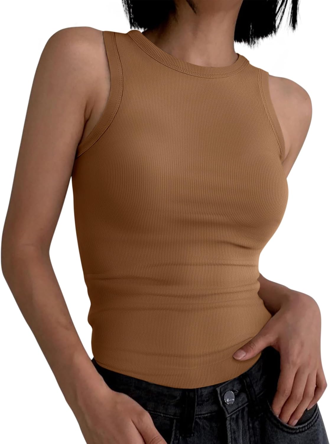 Womens Sleeveless Tank Tops Summer Casual Basic Slim Fit Ribbed Racerback Top - Picture 187 of 213