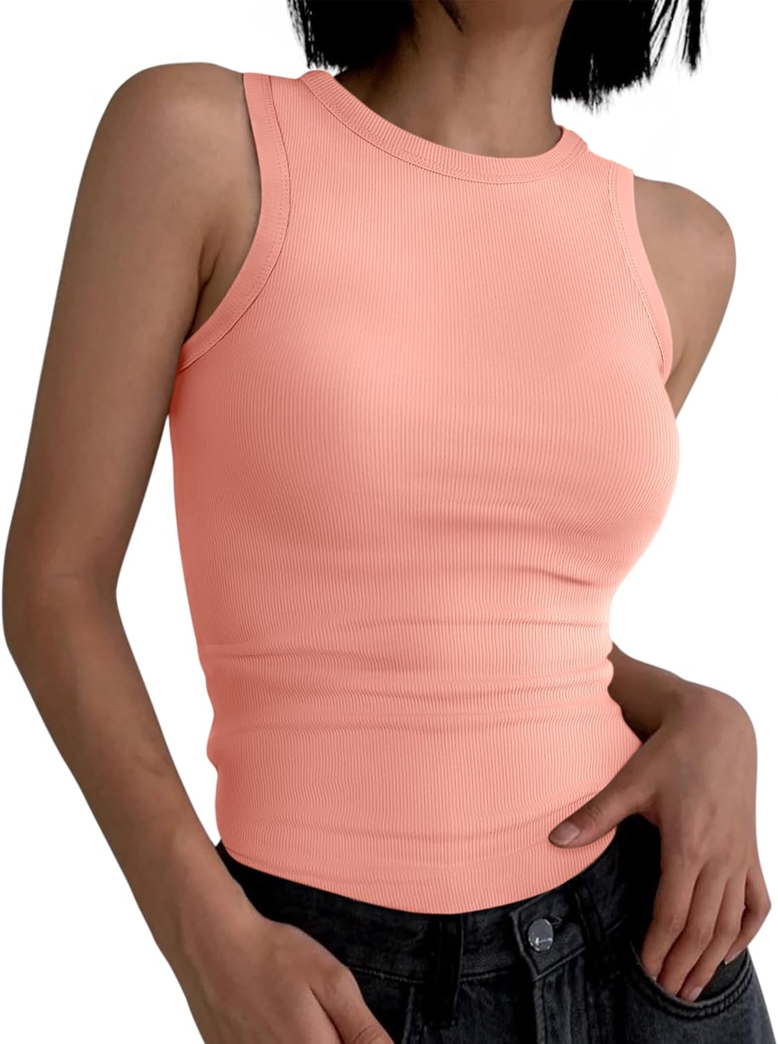Womens Sleeveless Tank Tops Summer Casual Basic Slim Fit Ribbed Racerback Top - Picture 194 of 213