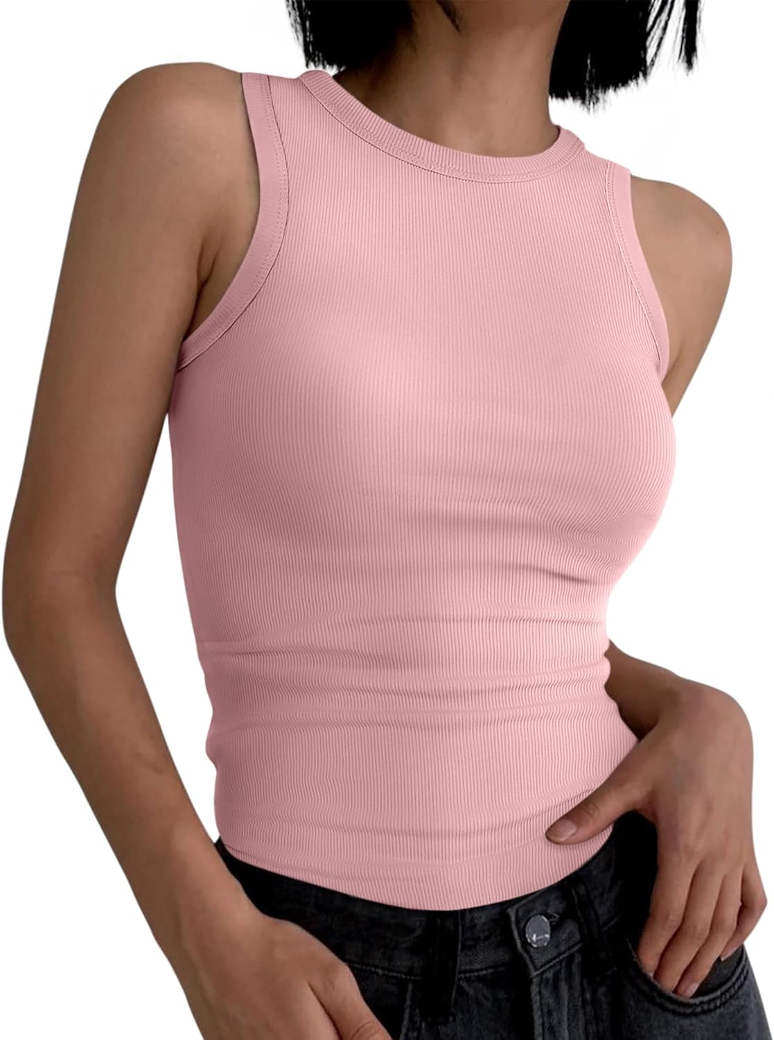 Womens Sleeveless Tank Tops Summer Casual Basic Slim Fit Ribbed Racerback Top - Picture 201 of 213