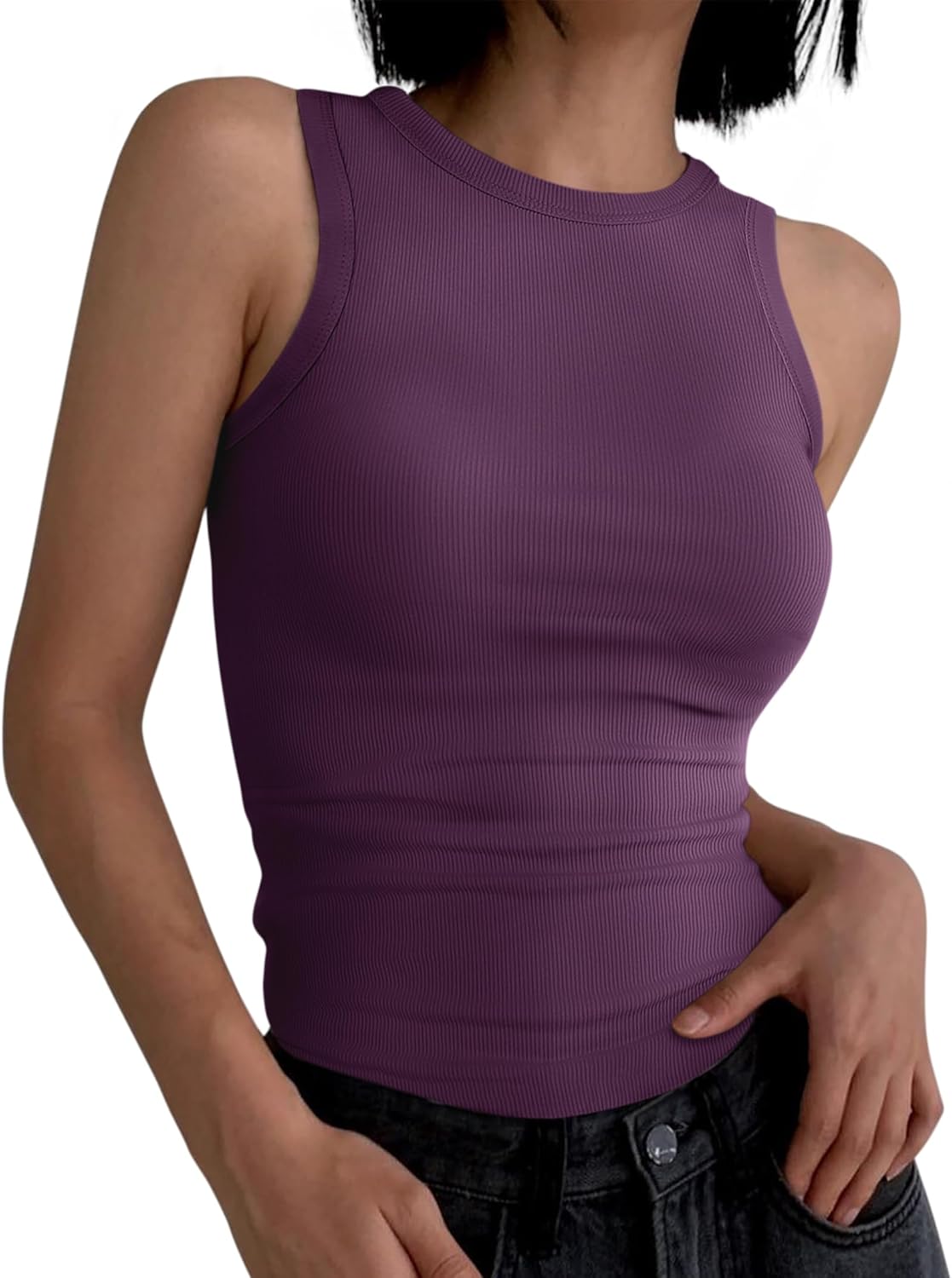 Womens Sleeveless Tank Tops Summer Casual Basic Slim Fit Ribbed Racerback Top - Picture 208 of 213