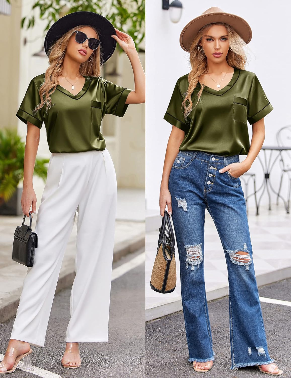 Pyjama für Damen Kurzarm Satin Pyjama Set Zweiteiler Weich Nachtwäsche Loungewear - Bild 24 von 101