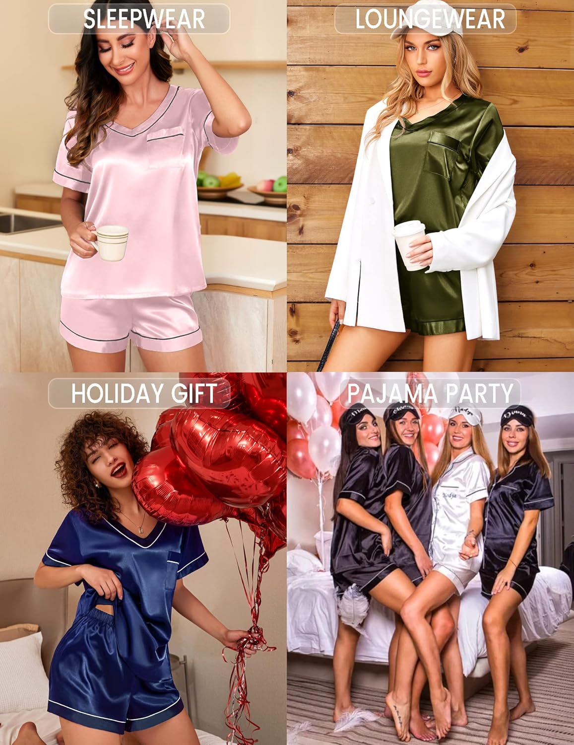 Pyjama für Damen Kurzarm Satin Pyjama Set Zweiteiler Weich Nachtwäsche Loungewear - Bild 25 von 101