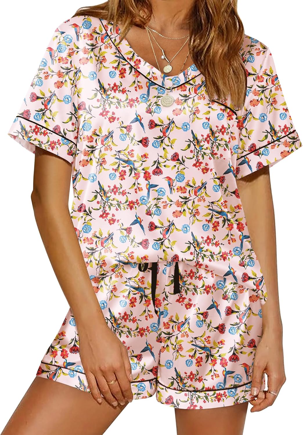 Pyjama für Damen Kurzarm Satin Pyjama Set Zweiteiler Weich Nachtwäsche Loungewear - Bild 35 von 101