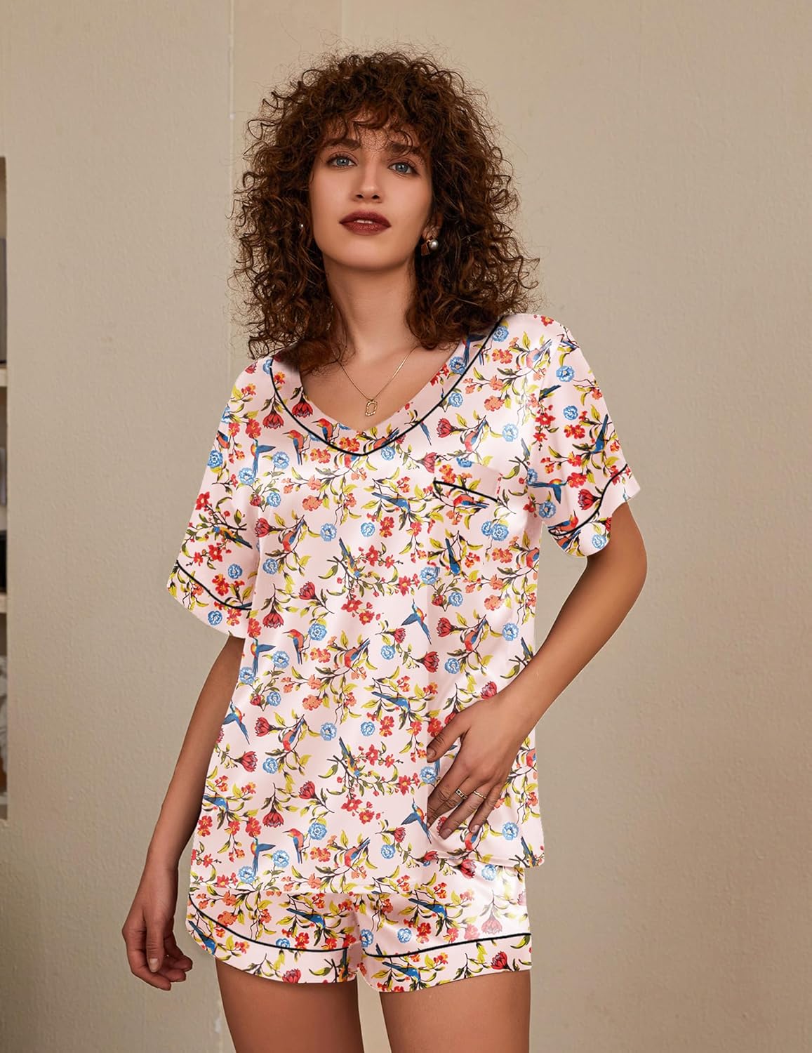 Pyjama für Damen Kurzarm Satin Pyjama Set Zweiteiler Weich Nachtwäsche Loungewear - Bild 36 von 101