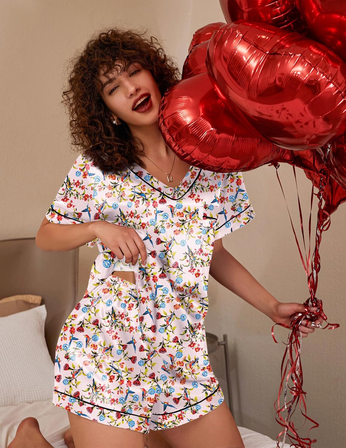 Pyjama für Damen Kurzarm Satin Pyjama Set Zweiteiler Weich Nachtwäsche Loungewear - Bild 37 von 101