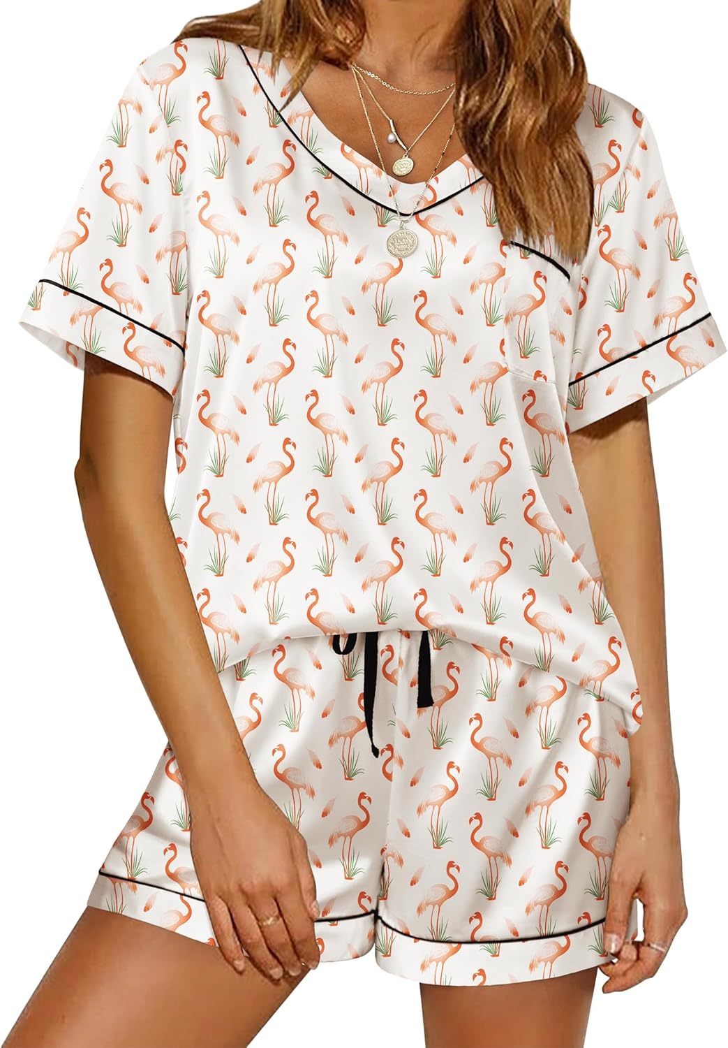 Pyjama für Damen Kurzarm Satin Pyjama Set Zweiteiler Weich Nachtwäsche Loungewear - Bild 43 von 101