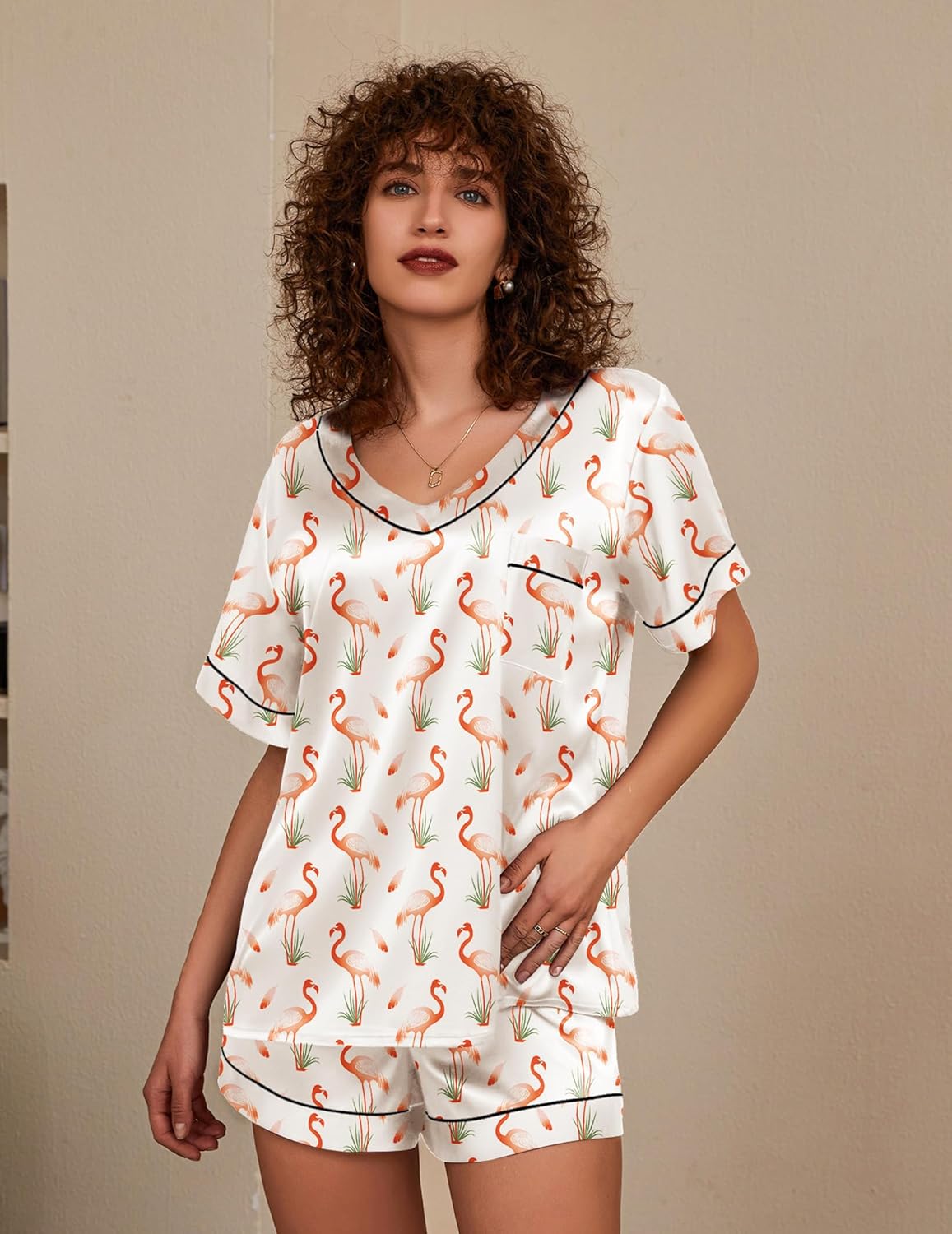 Pyjama für Damen Kurzarm Satin Pyjama Set Zweiteiler Weich Nachtwäsche Loungewear - Bild 44 von 101