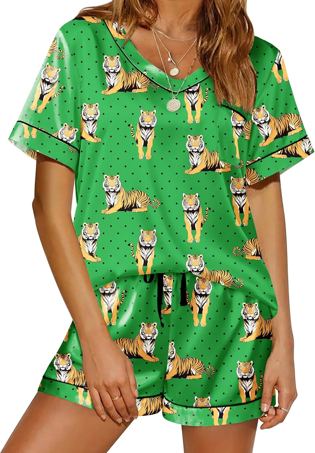 Pyjama für Damen Kurzarm Satin Pyjama Set Zweiteiler Weich Nachtwäsche Loungewear - Bild 48 von 101