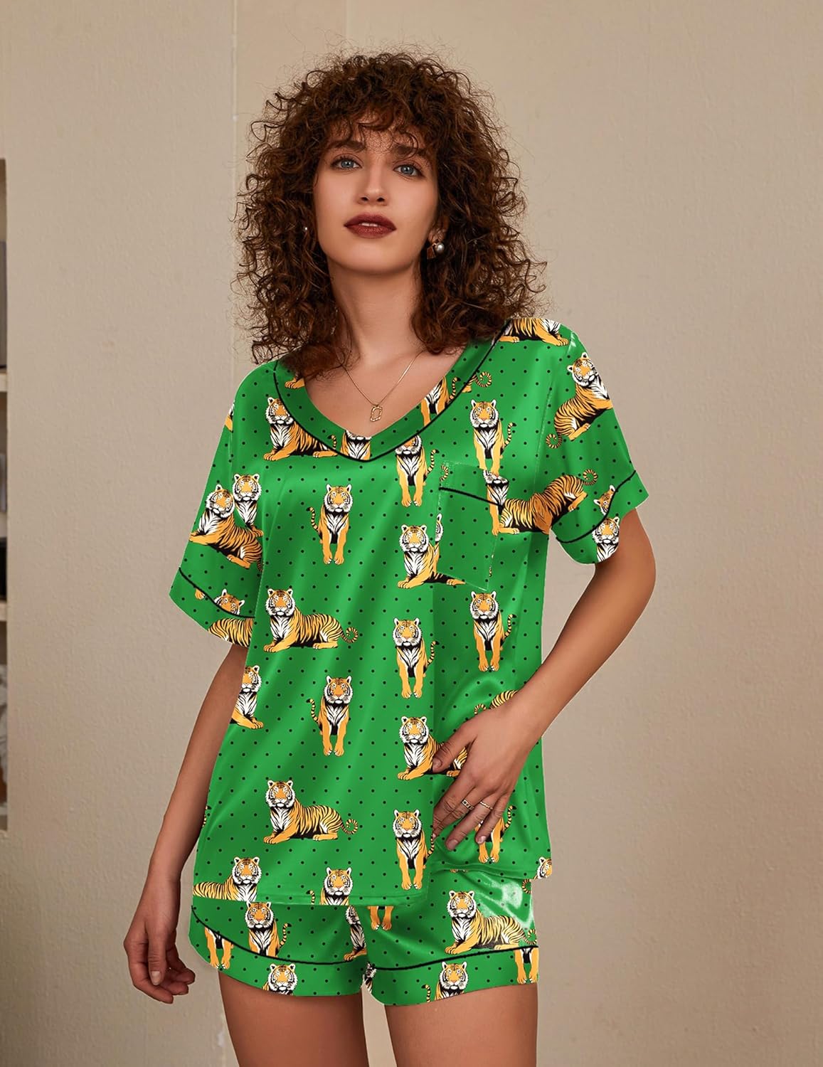 Pyjama für Damen Kurzarm Satin Pyjama Set Zweiteiler Weich Nachtwäsche Loungewear - Bild 49 von 101