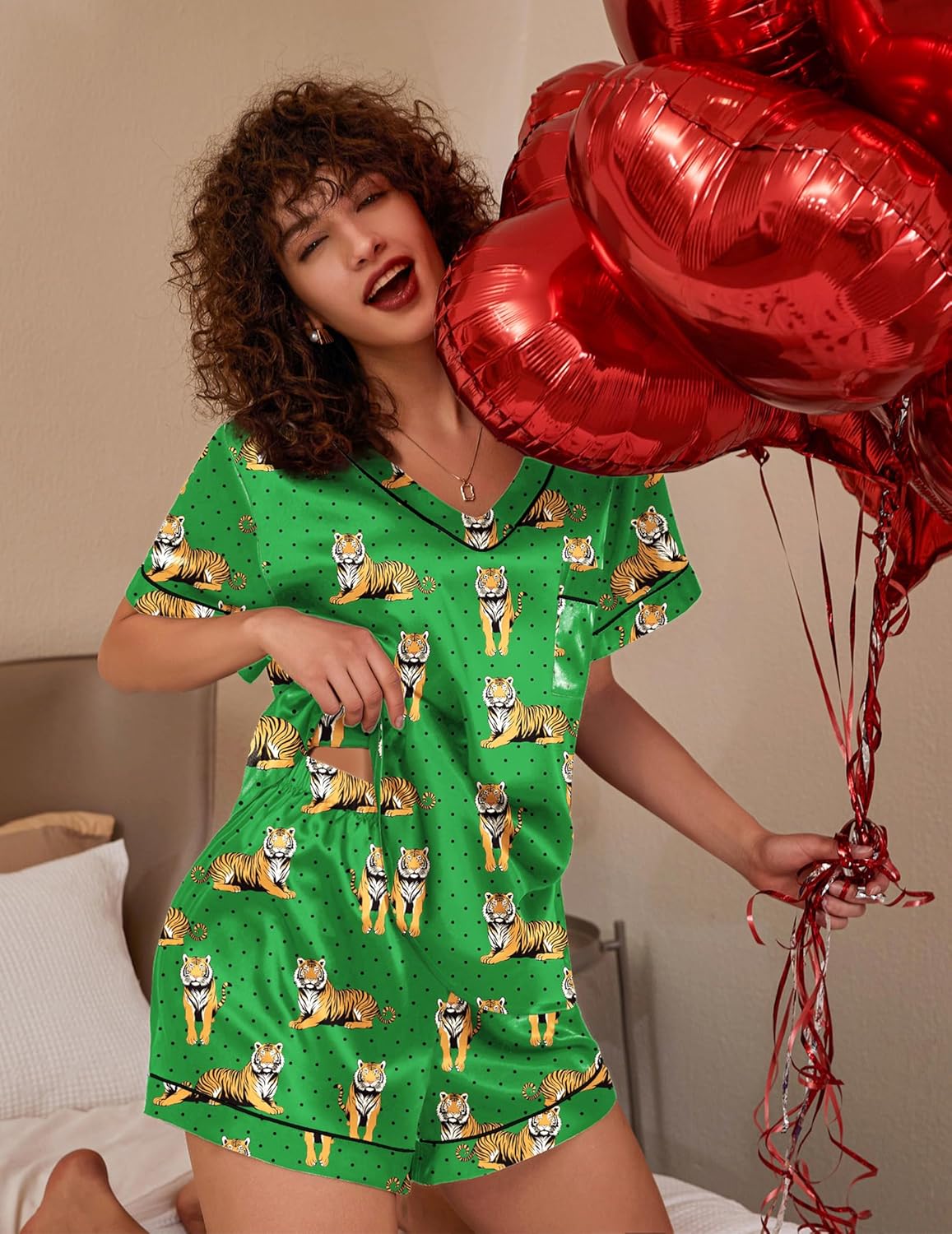 Pyjama für Damen Kurzarm Satin Pyjama Set Zweiteiler Weich Nachtwäsche Loungewear - Bild 50 von 101
