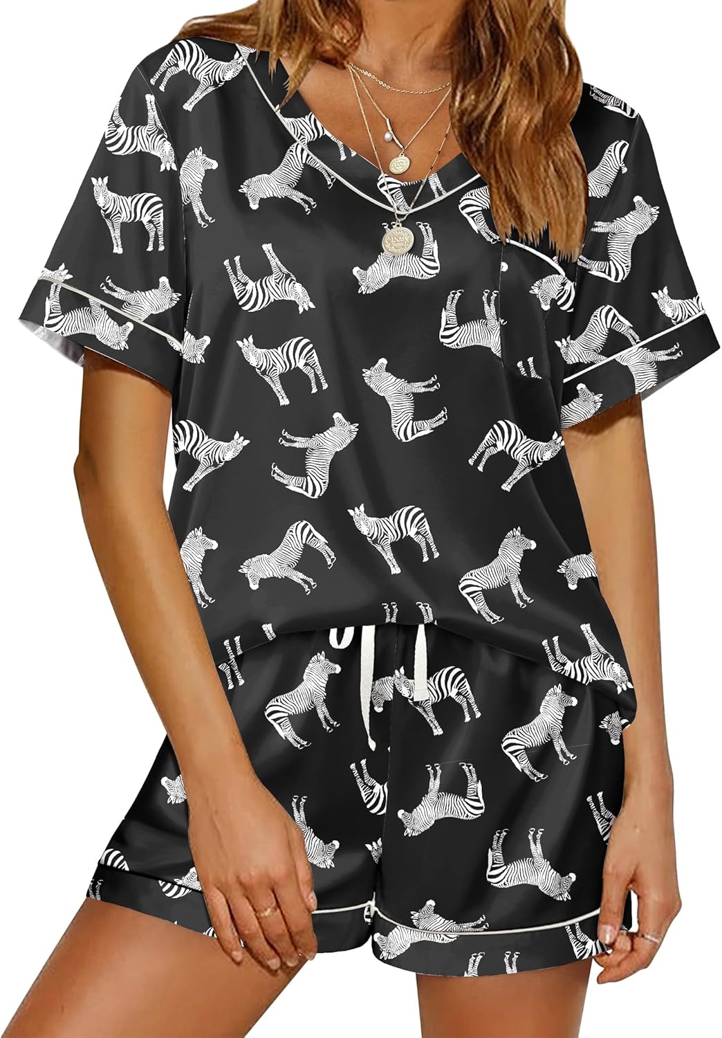 Pyjama für Damen Kurzarm Satin Pyjama Set Zweiteiler Weich Nachtwäsche Loungewear - Bild 56 von 101
