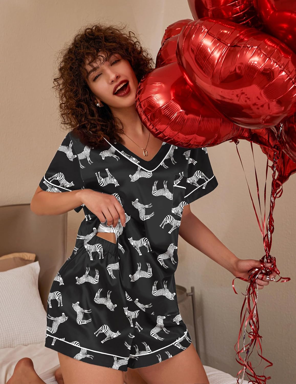 Pyjama für Damen Kurzarm Satin Pyjama Set Zweiteiler Weich Nachtwäsche Loungewear - Bild 58 von 101