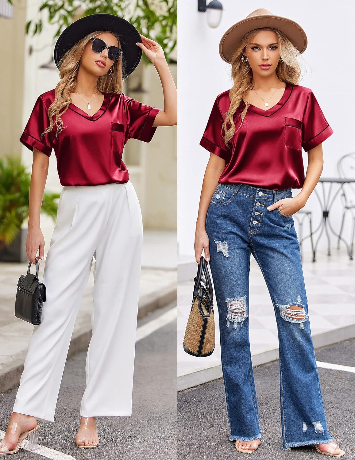 Pyjama für Damen Kurzarm Satin Pyjama Set Zweiteiler Weich Nachtwäsche Loungewear - Bild 63 von 101