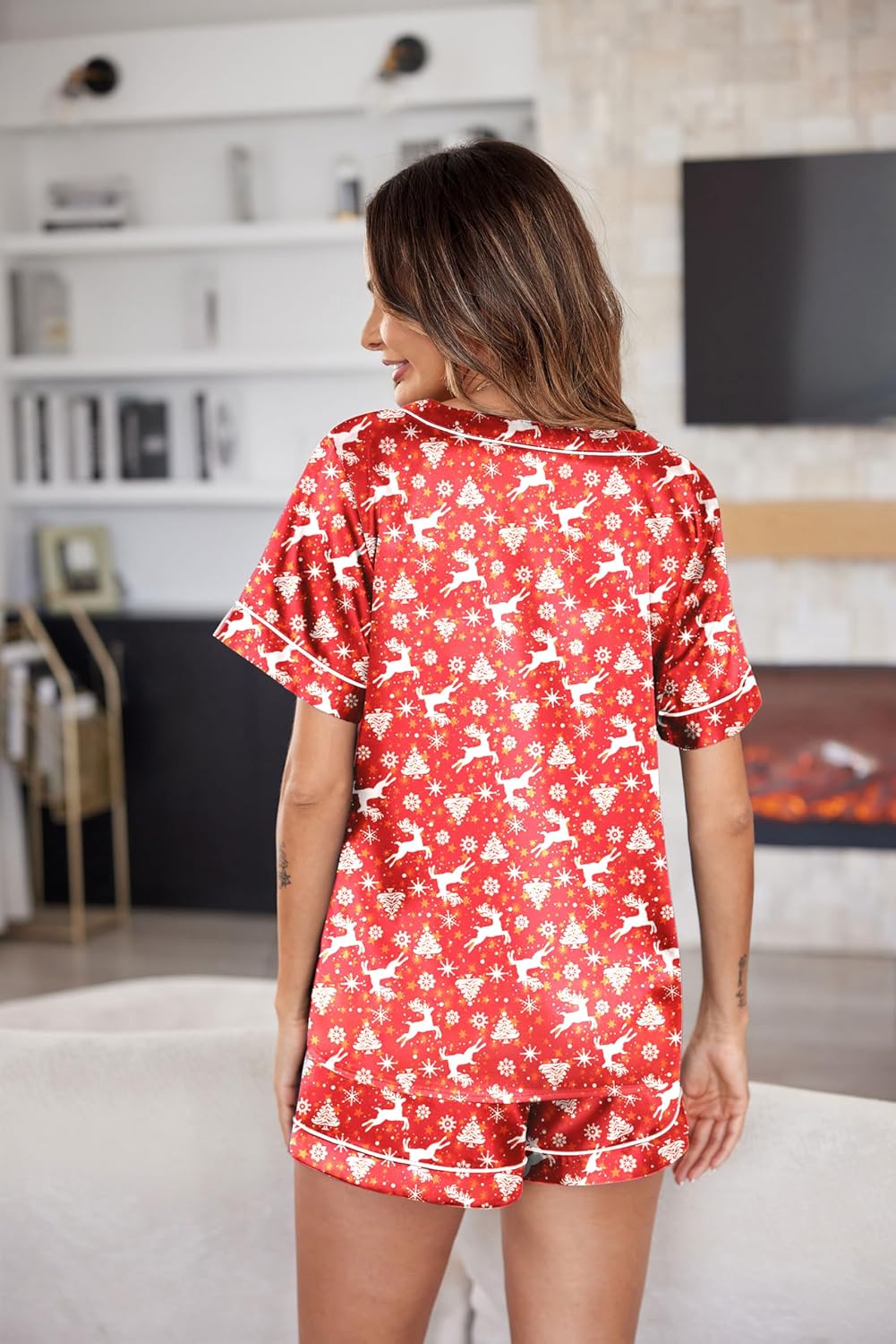 Pyjama für Damen Kurzarm Satin Pyjama Set Zweiteiler Weich Nachtwäsche Loungewear - Bild 72 von 101