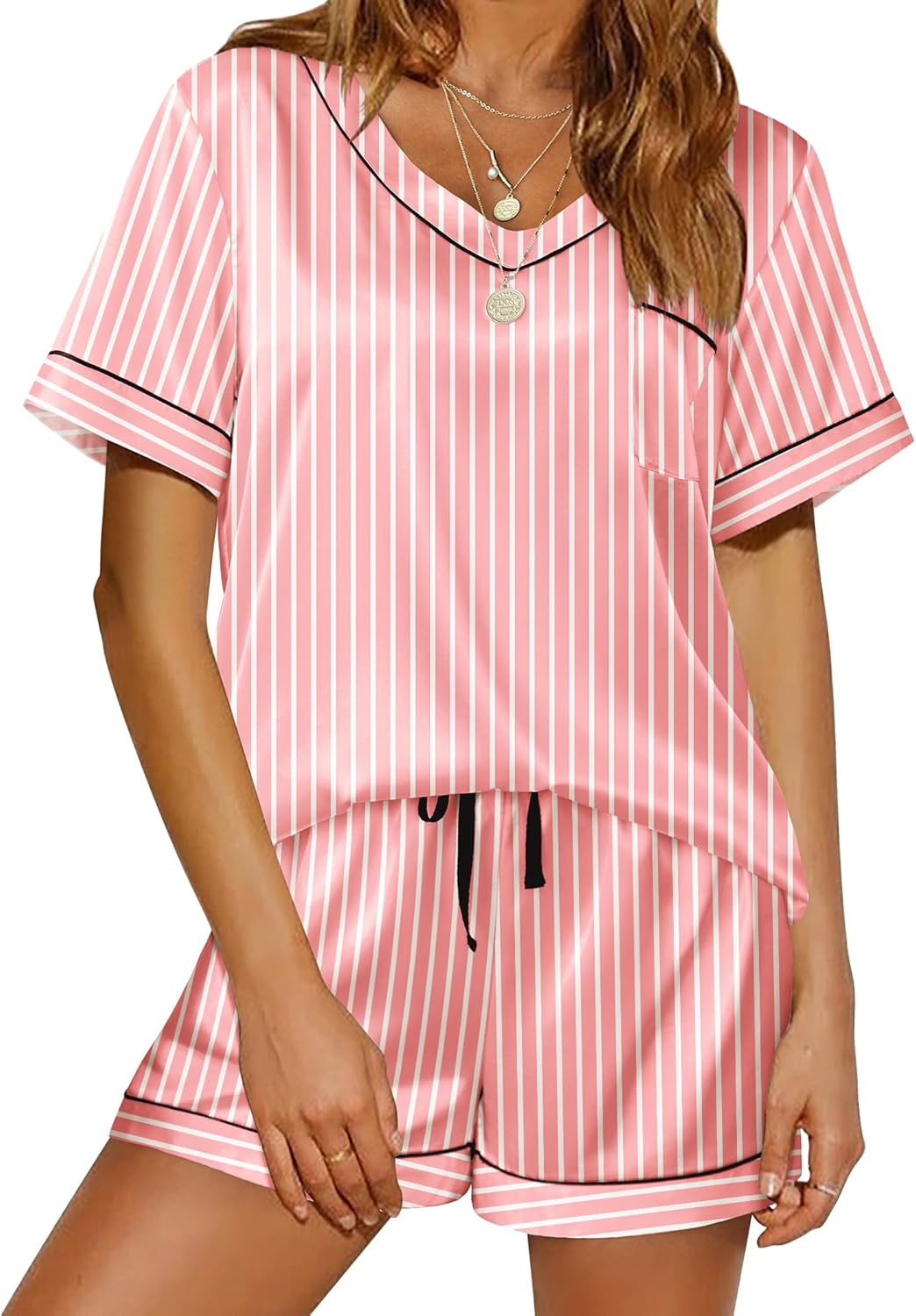 Pyjama für Damen Kurzarm Satin Pyjama Set Zweiteiler Weich Nachtwäsche Loungewear - Bild 79 von 101