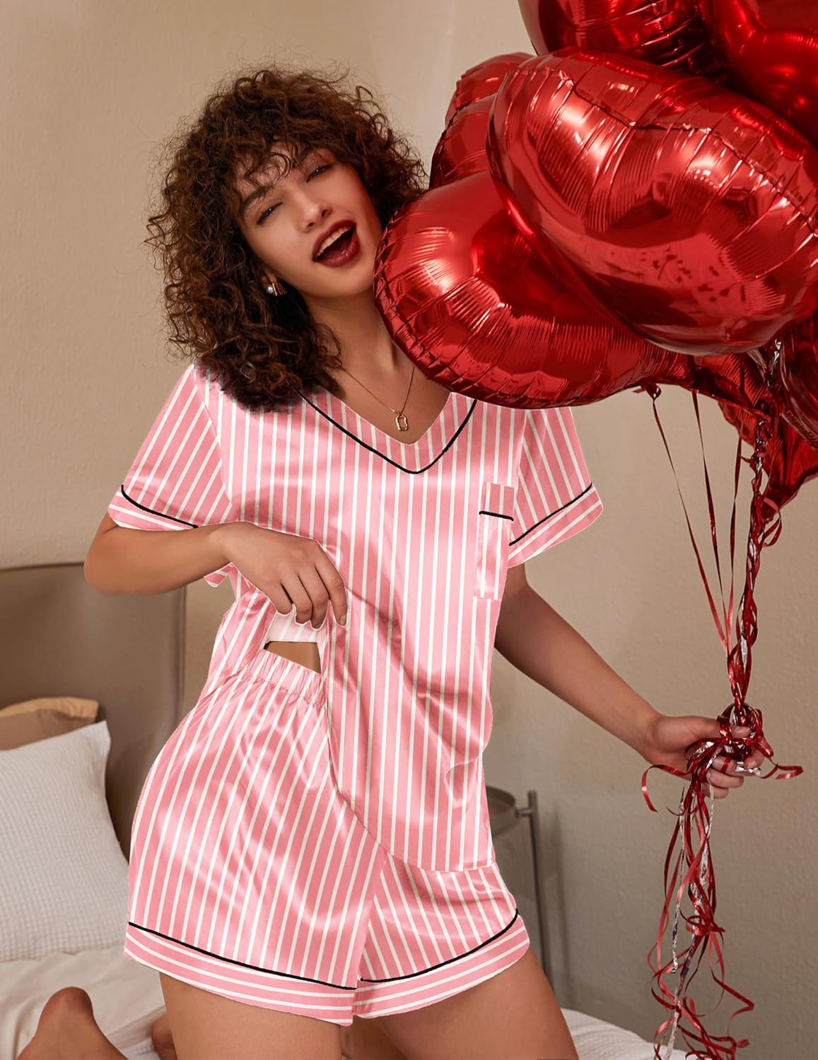 Pyjama für Damen Kurzarm Satin Pyjama Set Zweiteiler Weich Nachtwäsche Loungewear - Bild 81 von 101