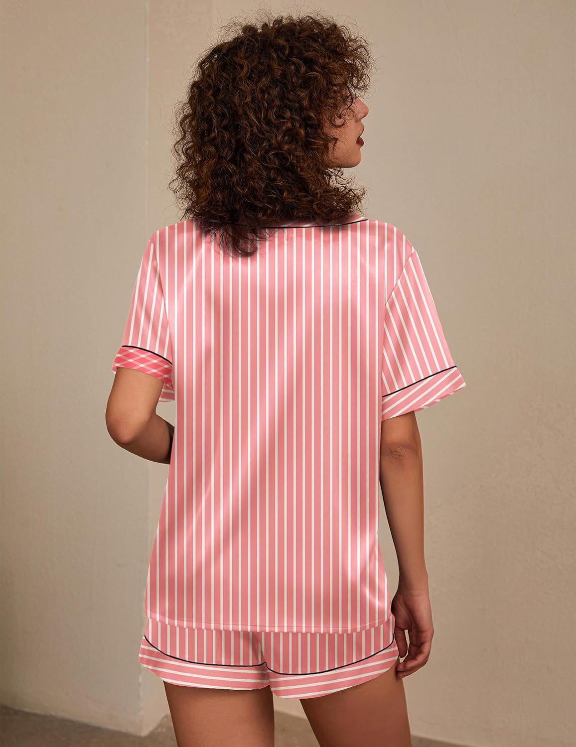 Pyjama für Damen Kurzarm Satin Pyjama Set Zweiteiler Weich Nachtwäsche Loungewear - Bild 82 von 101
