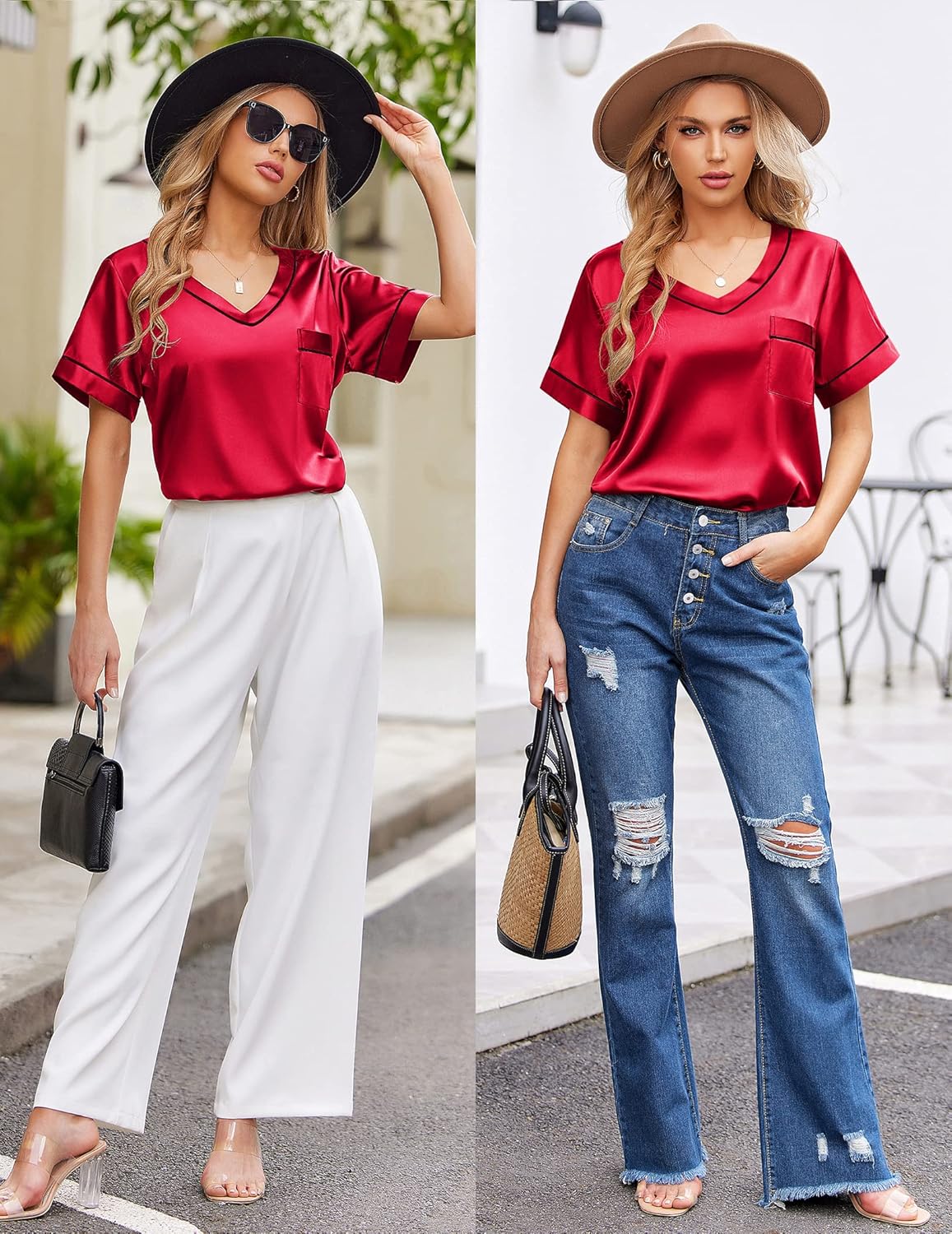 Pyjama für Damen Kurzarm Satin Pyjama Set Zweiteiler Weich Nachtwäsche Loungewear - Bild 86 von 101