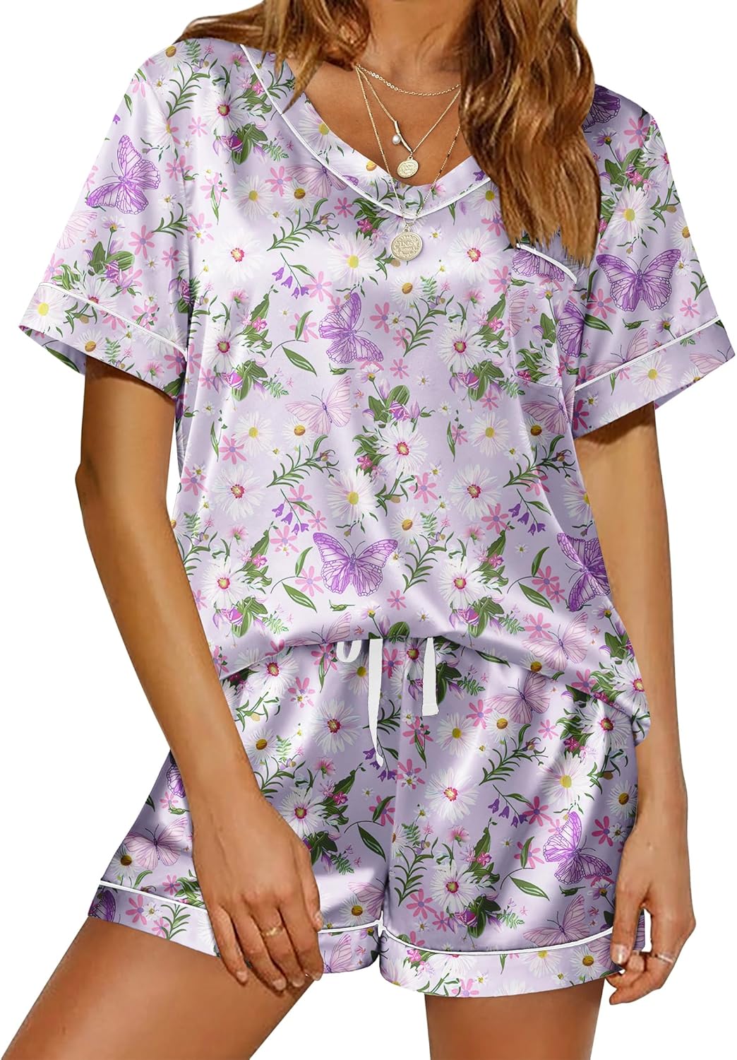 Pyjama für Damen Kurzarm Satin Pyjama Set Zweiteiler Weich Nachtwäsche Loungewear - Bild 90 von 101